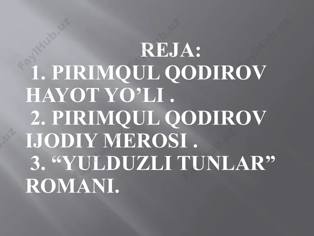 shrlarda «humoyun va akbar» deb nomlandi. «yulduzli tunlar» romani «yulduzli tunlar» shoh, sarkarda, shoir – benazir inson zahiriddin muhammad boburning yorqin siymosi mahorat bilan aks ettirilgan to‘laqonli va sermiqyos badiiy asardir. roman bobur siymosini tarixiy haqiqatga mos, badiiy jihatdan jozibali tasvirlashi bilan e’tiborli. humoyun og‘ir betob bo‘lib yotganida bobur farzandiga shunday deydi: ,sening betoqatligingga men toqat keltiray! sening shu og‘ir dardingni xudo sendan olib menga bersin bobur umumiy jimlikda humoyunning boshidan uch marta dylandi-yu: e, parvardigor! – deb iltijo qildi. – menki, boburmen, agar jon berish mumkinbo‘lsa, umr-u jonimni humoyunga qurbon qildim! azroyil mening jonimni olsin-u, xudo humoyunga shifo bersin!» manbalar bu voqea haqiqatan tarixda ro‘y berganini tasdiqlaydi. humoyun ko‘p o‘tmay tuzaladi. bobur qazosi shu voqealarga to‘g‘ri keladi. roman ham ko‘p o‘tmay shu tasvirdan so‘ng yakun topadi. /docprops/thumbnail.jpeg