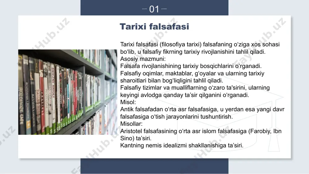 3. zamonaviy masalalarni hal qilishga yo‘l topish: falsafiy tajriba asosida hozirgi davr muammolariga yondashuv yaratish. falsafa rivojlanishining tarixiy bosqichlari falsafa inson tafakkurining eng qadimiy shakllaridan biri bo‘lib, u tarixiy jarayon davomida turli bosqichlardan o‘tgan. har bir bosqichda falsafa o‘ziga xos xususiyatlarga ega bo‘lib, jamiyat ehtiyojlariga mos ravishda rivojlangan. quyida falsafa rivojlanishining asosiy tarixiy bosqichlari keltirilgan. 03 1. qadimgi sharq falsafasi davra: miloddan avvalgi iv–ii ming yillik. mintaqalar: hindiston, xitoy, misr, mesopotamiya. asosiy xususiyatlari: mifologik qarashlar bilan bog‘liq. dunyoni tushuntirishda diniy va metafizik tushunchalar ustuvor. axloqiy va ma'naviy masalalarga katta e'tibor. mashhur maktablar va shaxslar: hind falsafasi: vedalar, upanishadlar, budda ta'limoti. xitoy falsafasi: konfutsiy, lao-szi, daoizm, konfutsiylik. 2. antik davr falsafasi davra: miloddan avvalgi vii asrdan milodiy v asrgacha. mintaqa: yunoniston va rim. asosiy xususiyatlari: mavjudlikning asosiy sabablari va qonuniyatlarini izlash. bilish nazariyasi va mantiqning shakllanishi. erkin tafakkur va tabiat qonunlarini tushunishga intilish. 3. o‘rta asr falsafasi davra: v–xv asr. mintaqalar: …