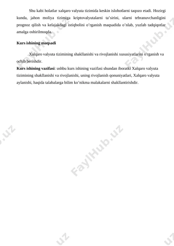 ; &nbsp; &nbsp; &nbsp; &nbsp; &nbsp; &nbsp; &nbsp; &nbsp; i-bob valyuta va valyuta haqida tushuncha 1.1 valyuta va valyuta munosabatlari tushunchasi , ularning asosiy ishtirokchilari har qanday davlat iqtisodiyotida pul muhim ahamiyat kasb etadi . pul munosabatlari jamiyatning ishlab chiqarish , taqsimot , muomala va iste'mol singari jarayonlarini qamrab oladi , kengaytirilgan takror ishlab chiqarish uchun sharoit yaratib beradi . pul va iqtisod o’zaro uzviy bog’liq bo’lgan elementlardir . agar jamiyat iqtisodiyotida muammolar paydo bo’lsa , albatta bunday muammolar jamiyatning pul muomalasida o’zining salbiy aks ta'sirini topadi . shuning uchun pulni jamiyat iqtisodiy hayotining barometri deb bejiz aytishmagan . iqtisodiy nazariyada haqiqiy pul tovar ekvivalenti sifatida mavjud bo’lib , iste'molchilarni muomalaga bo’lgan ehtiyojlarini qondiradi . qog’oz pullar esa haqiqiy pullar qiymatining muomaladagi ifodachisi yoki vakilidir . har qanday mustaqil davlat o’z puliga ega va bunday pul shu davlat uchun milliy pul birligi hisoblanadi . milliy pul birligi o’zining nomi va …
