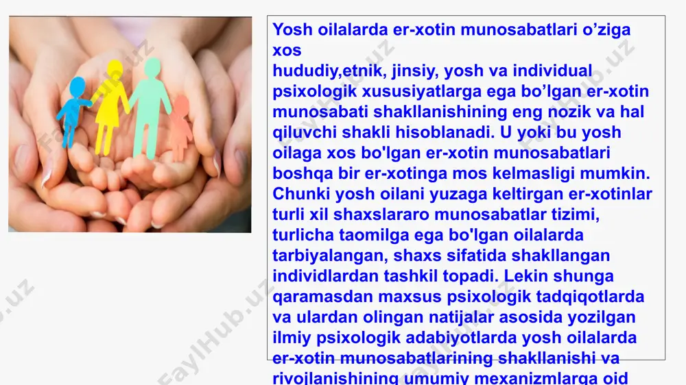 anlay bilish kiradi.muoqot madaniyatini oshirish uchun odamda ilk yoshlikdan boshlab boshqa odamlarga hurmat va samimiyat bilan munosabatda bo’lishni, ularga hamdardlik, insonparvarlik, mehribonlik qilish qobiliyatlarini shakllantirib borish kerak bo’ladi. muloqotda buyruq ohangining ustunligi, do’q-po’pisa ohangida keskin shaklda muomalada bo’lish, suhbatdosh nomiga tez-tez bildirilib turiladigan e’tirozlar, uning xatti-harakati va fikrlaridan norozilikni ifodalash, yo’l bermaslik va tajovo’zkorlikni namoyon qilish, oilada o’zaro raqobat (yoki hukmronlik-bo’ysinuvchanlik) munosabatlarini yuzaga keltiradi. befarqlik, e’tiborsizlik, qo’pollik, bemehrlik, behurmatlik kabilar oiladagi samimiy muloqotga putur yetkazadi. agar aksariyat hollarda iltimoslardan, maslahatlardan, o’zaro kelishuvli savoljavoblardan, o’z niyat-istaklarini, xatti-harakatlarini xotirjamlik bilan bayon qilish usulidan foydalanilsa, agar oilada o’zaro yordam, o’zaro tushunish, bir-birlariga yon berish odat bo’lsa, unda bunday oilalarda do’stona munosabatlar o’rnatiladi, oilaviy hayot uchun eng maqbul bo’lgan psixologik muhit yuzaga keladi. oilaviy munosabatlarda muloqot jarayonida yuzaga keladigan to’siqlar. ijtimoiy psixologlar muloqot jarayonida yuzaga kelishi mumkin bo’lgan to’siqlarning quyidagilarini farqlaydilar: psixologik, vaziyatli, mazmuniy va motivatsion to'siqlardir. psixologik to’siq — bu sherigigama’qul tushmay qolish, …