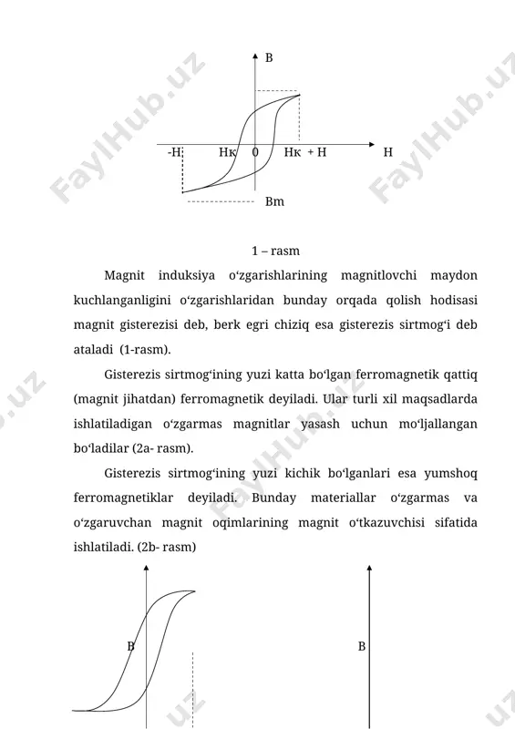 s, kobalt uchun =1140o s tashqi magnit maydon bo induksiyasi va ichki magnit maydon induksiyasi orasidagi bog‘lanish: (6) bu yerda - moddaning magnit qabul qiluvchanligi. izotop magnetiklarda maydon induksiyasi va kuchlanganligi orasidagi bog‘liqlikni ko‘rsatuvchi kattalik magnetikning turiga va uning holatiga (temperatura va hokazolar) bog‘liq bo‘lgani uchun mazkur moddaning magnit qabulchanligi deyiladi. diamagnetik moddalar uchun 0 bo‘ladi. magnit singdiruvchanlik bilan magnit qabulchanlik orasidagi bog‘lanish quyidagicha bo‘ladi: (7) paramagnetiklarning magnit qabul qiluvchanligi bilan temperatura orasidagi bog‘lanish: (8) bu yerda c-berilgan moddaning doimiysi; t – moddaning absolyut temperaturasi (8) formula kyuri – veys qonuni deyiladi. ma’lumki, e vektorning chiziqlari (ya’ni elektrostatik maydon kuchlanganlik chiziqlari) yoxud zaryaddan boshlanar (zaryad musbat bo‘lganda), yoxud zaryadda tugallanar (zaryad manfiy bo‘lganda) edi. hech vaqt kuchlanganlik chiziqlari berk bo‘lmas edi. elektr zaryadlar elektr maydonni vujudga keltiruvchi manbalar bo‘lib, xizmat qiladi. shuning uchun ham zaryadlarni, ba’zan, manbalar deb ataladi. magnit maydonni grafik tasvirlashda foydalaniladigan magnit induksiya chiziqlari esa doimo berk …
