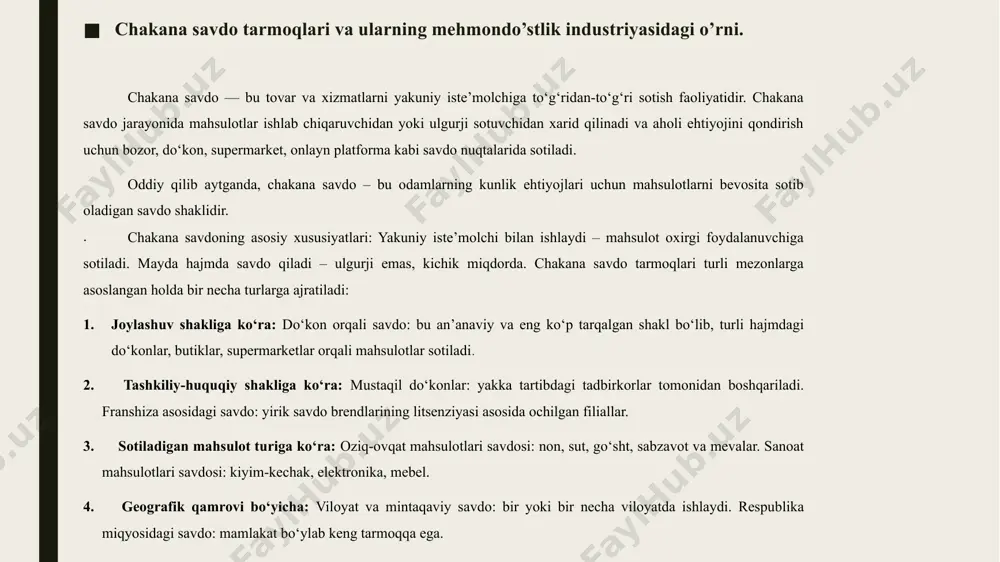 k turistlar uchun muhim. xiva, buxoro, samarqand kabi tarixiy shaharlarda aynan milliy mahsulotlar, suvenirlar va xalq hunarmandchiligi mahsulotlarini sotuvchi butiklar, ko‘rgazma-savdo markazlari tashkil etilishi sayyohlarning madaniy taassurotlarini boyitadi va iqtisodiy foyda keltiradi. xulosa. zamonaviy chakana savdo markazlari, do‘konlar va yirik supermarketlar mehmonlar uchun qulaylik yaratibgina qolmay, mamlakat imijining shakllanishiga ham ta’sir ko‘rsatadi. xulosa qilib aytganda, chakana savdo tarmoqlari mehmondo‘stlik industriyasining ajralmas tarkibiy qismi bo‘lib, uning rivojlanishi mamlakatga tashrif buyuruvchi sayyohlar sonining ortishiga, ularning qoniqish darajasi va qayta kelish ehtimolining oshishiga xizmat qiladi. chakana savdo tarmoqlari turistlar uchun tanish bo‘lgan, ishonchli va sifatli mahsulotlarni taklif qilgan holda, ularning ehtiyojlarini tez va qulay tarzda qondiradi. bu esa mehmonlarning umumiy taassurotiga ijobiy ta’sir ko‘rsatadi. shu bilan birga, mahalliy ishlab chiqaruvchilarning mahsulotlarini chakana savdo tarmoqlari orqali targ‘ib qilish, milliy brendlarni tanitishga xizmat qiladi. chakana savdo sohasining rivojlanishi mehmonlar uchun: xavfsiz va sifatli mahsulotlar bilan ta’minlanish. madaniy va milliy mahsulotlar (suvenirlar, milliy kiyimlar, oziq-ovqatlar)ni xarid …
