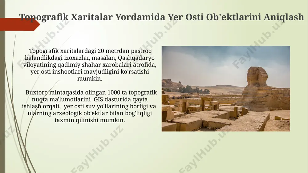 'rganishda, topografik xaritaning balandlik chiziqlari yordamida 3 metr chuqurlikdagi suv sathi aniqlandi va qazish ishlari rejasi tuzildi. termizdagi archaologik qazishmalarni o'tkazish uchun topografik xarita asosida tuzilgan 3d model yordamida 15 ta turli xil inshootning joylashuvini aniqlash va 100 dan ortiq artefaktni topish mumkin bo'ldi. e'tiboringiz uchun rahmat @taqdimot_robot image1.jpg image2.jpg image3.jpg image4.jpg image5.jpg image6.jpg image7.jpg image8.jpg image9.jpg image10.jpg image11.jpg image12.jpg