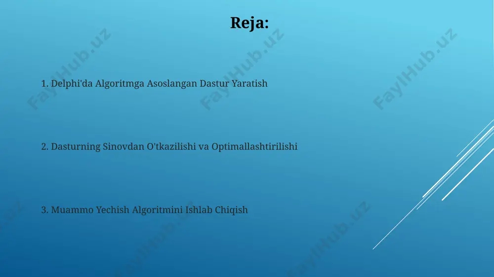 marali yaratish imkonini beradi. delphi muhitida obyektga yo'naltirilgan dasturlash (oop) tamoyillaridan foydalanib, 1000 dan ortiq kod satrlarini o'z ichiga olgan murakkab dasturlarni yaratish mumkin. dastur sinovi va xato tuzatish xato tuzatish uchun debugger vositalaridan foydalaniladi; breakpointlar qo‘yish orqali kodning bajarilishini qadam-qadam kuzatish, o‘zgaruvchilarning qiymatlarini tekshirish va xatolarni aniqlash imkonini beradi; 10 dan ortiq xato tuzatishga to‘g‘ri keladigan bo‘lsa, algoritmning murakkabligi qayta baholanadi. dastur sinovi jarayonida 1000 ta test holati qo‘llanib, har bir holat uchun kutilgan natija va dasturning haqiqiy natijasi taqqoslanadi, 5% dan ortiq xatolik aniqlansa, algoritm va kod qayta ko‘rib chiqiladi. algoritmni psevdokodda yozuv psevdokodda shartli operatorlar (if-then-else), takrorlanuvchi operatorlar (for, while) va funksiyalar kabi algoritmik tuzilmalarni to'g'ri qo'llash orqali algoritmning mantig'ini aniq aks ettirish kerak. masalan, 5 marta takrorlanadigan tsiklni aniq yozish zarur. murakkab algoritmlarni psevdokodda yozishda, modullarga bo'lish va har bir modul uchun alohida psevdokod yozish tavsiya etiladi. bu 200 ta elementli massivni qayta ishlash kabi murakkab …