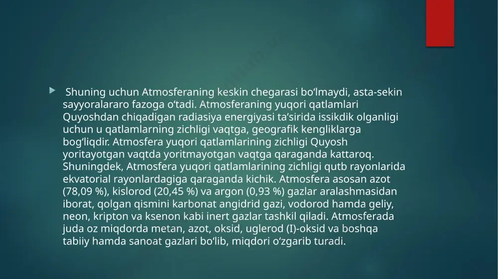 yaizopauza qatlamlariga boʻlinadi. quyi va ekvatorial kengliklarda stratosfera odatda inversiyadan boshlanadi. meridian boʻyicha havo koʻchishining kuchayishi (stratosferaning muhim xossasi) yer yarim sharlari orasidagi havo almashinuviga yordam beradi. taxminan 80 –90 km balandlikda temperatura 190°k gacha pasaya boradi. 50 – 90 km balandlik oraligʻidagi atmosfera qatlami mezosfera deb yuritiladi. mezosferaning 82 – 85 km balandligida yoz vaqtlarda kumushsimon bulutlar kuzatiladi. mezosferada havo tarkibi troposfera va stratosfera qatlamlaridagi kabi aralash gazlardan iborat. mezosferada fotokimyoviy jarayonlar katta rol oʻynaydi. quyoshning qisqa toʻlqinli radiatsiyasi taʼsirida faol harakatchan atom va molekulalar hosil boʻladi. 90 km dan yuqorida termosfera qatlami boshlanib, temperatura tez koʻtarila boradi. temperaturaning koʻtarilish darajasi qisqa toʻlqinli quyosh radiatsiyasining yutilish jadalligiga bogʻliq. mezopauzadan yuqorida toʻlqin uzunligi 1750 a dan qisqa boʻlgan ultrabinafsha rentgen va korpuskulyar nurlari taʼsirida dissotsiyalanish va rekombinatsiyalanish tufayli zarrachalarning kimyoviy oʻzga-rishi, shuningdek, ionlashish roʻy beradi. kislorod molekulasi 80 – 90 km dan 200 – 250 km gacha, azot esa 250 …