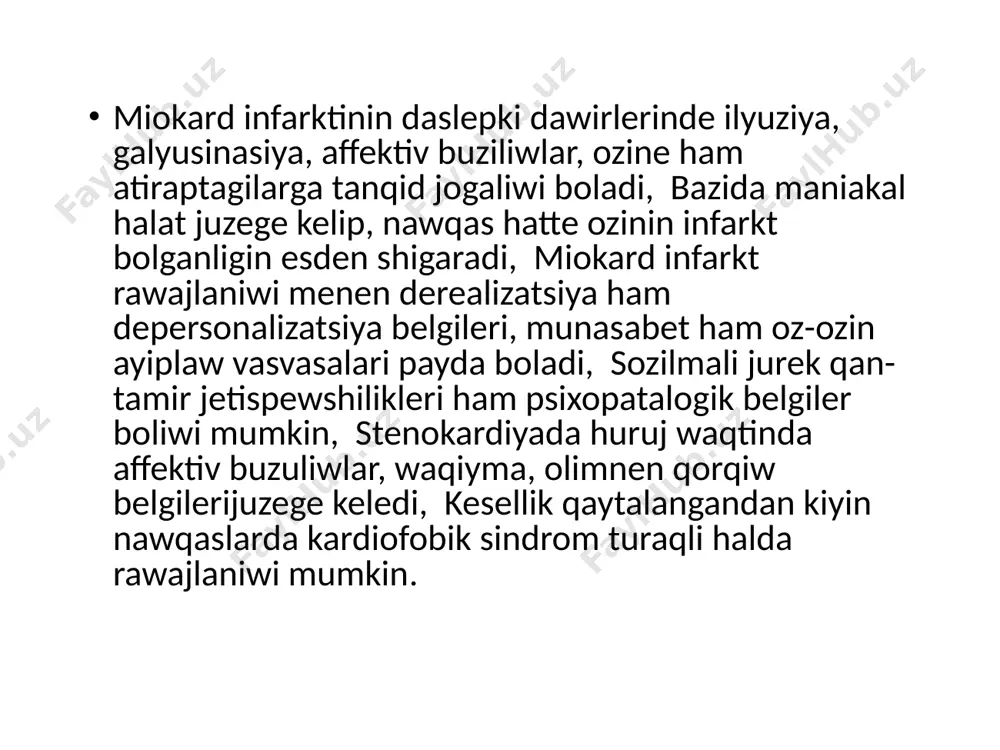 mas kelmewshilik juzege keledi ham jinsiy agzalar tarepinende salistirmali ozgerisler boladi, bul ruwxiy buzilislar tek hamiledarliqdan kiyingi somatik keselliklerge baylanisli bolmasdan, perebral kesellikke ham baylanisli ekenligin korsetedi, hamiledarliqdan kiyingi depressiya, hamiledarliqdan kiyin 1, 5-2 aydan kiyin juzege keledi, adette uy sharayatinda tugriqxanadan shiqqannan kiyin bir neshe kun otkennen kiyin baslanadi, bunda kayfiyattin tusiwi, hareket ham tafakkurdin tomenlewi, uyqisizliq ozin ayiplaw vasvasalari payda boladi, depressiv halat bir neshe hapteden 2-3 aygasha, bazida sozilmali dawam etiwi mumkin, balanin nuqsan menen tuwiliwinda, bala olimi yaki basqa psixogen hadiyseler natiyjesinde reaktiv psixoz juzege keliwi mumkin, bunda nawqas omirinin qiyinligi ozinin no uddabiranligi haqqinda pikir payda bolganligi, bala kore almasligi, oz ayiplarin seziwinin kushiyiwi kiyinshelik ozinin jaqinlarina bolgan biyganaliqdi rawajlandiradi, bazida bunday nawqaslarda balani awqatlandiriwdan bas tartadi, sebep qilip ol omirge qizig;iwi qalmaganin korsetedi, bunday nawqaslarda suidsidal pikirlew payda boliwi mumkin, sonida aytip otiw kerek , hamiledarliqdan kiyingi depressiya, endogen depressiyalar siyaqli shuqir bolmaydi, antidepressantlar, …