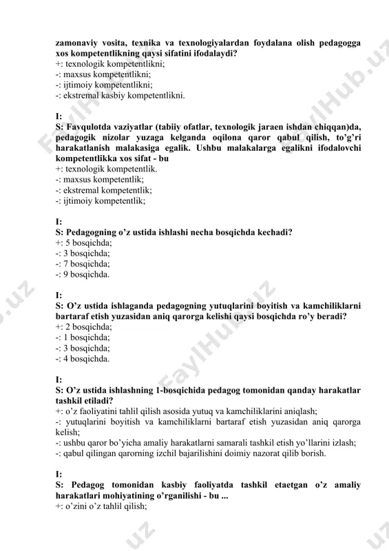 qarorga kelishi qaysi bosqichda ro’y beradi? +: 2 bosqichda; -: 1 bosqichda; -: 3 bosqichda; -: 4 bosqichda. i: s: o’z ustida ishlashning 1-bosqichida pedagog tomonidan qanday harakatlar tashkil etiladi? +: o’z faoliyatini tahlil qilish asosida yutuq va kamchiliklarini aniqlash; -: yutuqlarini boyitish va kamchiliklarni bartaraf etish yuzasidan aniq qarorga kelish; -: ushbu qaror bo’yicha amaliy harakatlarni samarali tashkil etish yo’llarini izlash; -: qabul qilingan qarorning izchil bajarilishini doimiy nazorat qilib borish. i: s: pedagog tomonidan kasbiy faoliyatda tashkil etaetgan o’z amaliy harakatlari mohiyatining o’rganilishi - bu ... +: o’zini o’z tahlil qilish; -: o’z-o’zini rivojlantirish; -: o’z-o’zini baholash; -: o’zini o’zi anglash. i: s: shaxsning o’z-o’zini tahlil qilishi orqali o’ziga baho berishi qanday nomlanadi? +: o’z-o’zini baholash; -: o’z-o’zini rivojlantirish; -: o’zini o’zi tahlil qilish; -: o’zini o’zi anglash. i: s: shaxsning o’zini o’zi samarali baholashiga qanday omillar ta’sir ko’rsatadi? +: o’zini tushunish; shaxs sifatida o’z qadr-qimmatini anglash; o’zini-o’zi …
