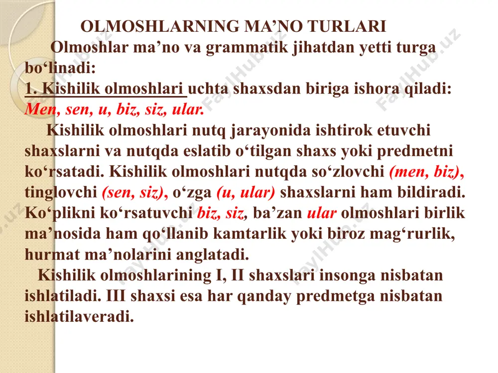 idan keyin so‘roq olmoshi yoki narsa, bir so‘zini keltirish bilan yasaladi: hech kim, hech qanaqa, hech narsa, hech bir kabi. bu olmoshlar egalik, kelishik qo‘shimchalari bilan qo‘llanadi: bu sirni hech kimga aytma. bo‘lishsizlik olmoshi ishtirok etgan gapning kesimi inkor shaklida bo‘ladi: hech kim unutilmaydi. kimsa so‘zi ham bo‘lishsizlik olmoshlari o‘rnida qo‘llanishi mumkin: buni kimsa (hech kim) bilmasligi kerak. bo`lishsizlik olmoshlari har doim qo`shma olmoshlar sanaladi va ajratib yoziladi: hech kim 7.gumon olmoshlari mavjud, ammo noma’lum bo‘lgan narsa-shaxs, belgi va miqdorni anglatadi. gumon olmoshining ma’nosi matnda ochilmay qoladi. gumon olmoshlari, asosan, so‘roq olmoshlarigan so`ng -dir elementini qo‘shish orqali (kimdir, nimadir, qaysidir); so‘roq olmoshlarigan oldin alla elementini qo‘shish orqali (allanima, allaqaysi); so‘roq olmoshlari yoki narsa so‘zidan oldin bir so‘zini keltirish orqali (bir qancha, bir narsa) yasaladi. (ba’zan bir nima birikmasi bo‘lishsizlik olmoshi o‘rnida kelishi mumkin: buni ko‘rib, bir nima demadi). bu olmoshlar birlik va ko‘plikda (allakimlar) keladi, kelishiklarda turlanadi (kimnidir). aslida bir …