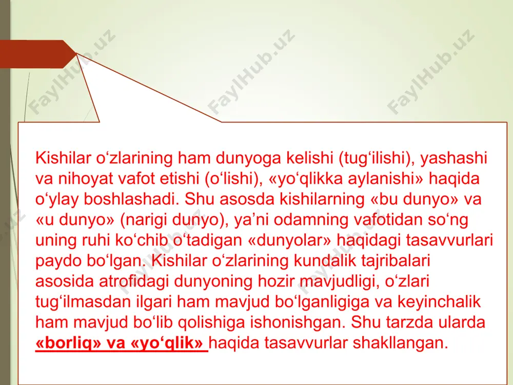 yotuvchi nimadir) muayyan narsalar, voqealar, hodisalar va jarayonlar xilma-xilligining ichki birligida namoyon bo‘luvchi mohiyat. substansiya deyilganda falsafada dastlabki paytlarda borliq, tabiat, jamiyat, inson va dunyodagi barcha narsa va hodisalarning asosida yotuvchi moddiy yoki ruhiy mohiyat ang­langan. o‘rta asr sharq falsafasi namoyandalari al-kindiy, zakariyo roziy, forobiy, ibn sino, ibn rushd asarlarida substansiya deb hamma narsaning moddiy yoki ma’naviy asosi, mohiyati tushunilgan. substansiyaga qarama-qarshi tushuncha «aksidensiya» deb atalgan. aksidensiya (lot. accidentia - o‘tkinchi, tasodifiy) narsa va hodisalarning o‘tkinchi sifatlarini ifodalaydi. forobiyning yozishicha, «olamda substansiya va aksidensiya hamda ularni yaratuvchi marhamatli ijodkordan boshqa hech narsa yo‘qdir» monizm (yunon. monos – bitta, yagona) dunyoning narsalar va hodisalar rang-barangligi bir substansiyadan iborat degan ta’limot. dunyoning kelib chiqishi va mohiyati haqidagi hozirgi ilmiy tasavvurlar, shuningdek birinchi asos muammosiga nisbatan falsafa tarixidagi eng salmoqli yondashuvlar kurashi nuqtai nazaridan substansiya tabiatini tushunishga nisbatan ancha keng tarqalgan ikki yondashuv – materialistik va idealistik monizmni qayd etish lozim. dualizm (lot. …