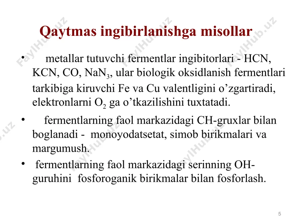 xujayralar asparaginning yetishmasligiga sezgirdirlar, chunki asparaginsintetaza fermentini saqlamaydilar). poliaminooksidaza eksperimental оsmalarni davolashda qоllaniladi (ular poliaminlarni oksidlovchi ferment saqlamaydilar, shu sababdan tоplanishi vujudga keladi). ferment ingibitorlari оtkir pankreatit, artrit, allergik kasalliklarni davolashda qоllaniladi. xolinesteraza, karboangidraza, monoaminooksidaza va proteolitik fermentlar ingibitorlaridan 39 farmakologik gurux pankreas bezining tashki sekretor funksiyasi yetishmovchiligini tiklovchi va xazm kilish jarayonini muvafiklashtiruvchi ferment. таркиби: амилаза 4200 ед ph.eur., липаза 3500 ед ph.eur., протеазалар 250 ед ph.eur. ишлатилиши: сурункали панкреатит - ошкозон, ичак, ут пафаги сурункали яллигланиш ва дистрофик касалликлари - ушбу аъзоларнинг резекцияси ва нурланишидан сунг холатлар функционал жадал кечувчи ичак транзити ичак инфекцион касалликлари) 40 enzimoterapiya preparat xususiyati qo’llanilishi qo’llashdan maqsad pepsin oshkozonning proteolitik fermenti gipoatsid gastritlar o’rindosh terapiya tripsin oshkozon osti bezining proteolitik fermenti a) yiringli yaralar b) yukori nafas yullarining yalliglanish kasalliklari nekrozga uchragan tukimalarni va kon laxtalarini parchalash 41 preparat xususiyati kullanilishi kullashdan maksad trasilol proteolitik fermentlar ingibitori pankre-atitlar oshkozon osti bezi xujayralarini ajratish …
