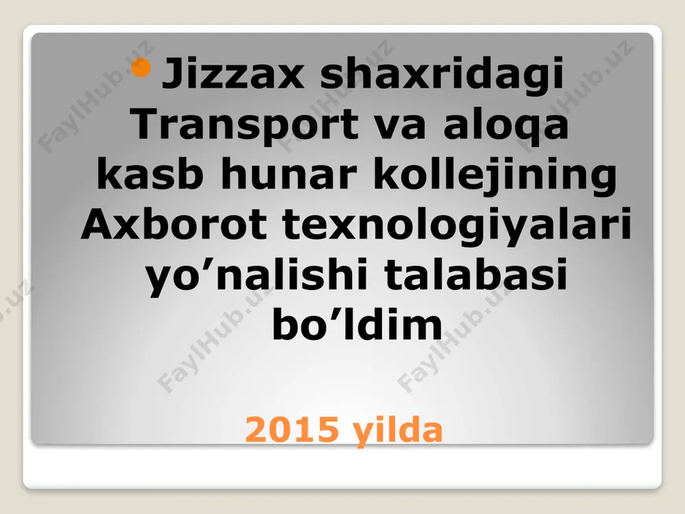 oniyatlarga ega. power point 2013 dadasturini ishga tushirish uchun huddi boshqa ofis dasturlari singari windows 8 muhitida ham «пуск» menyusidan foydalaniladi. bundan tashqari ish stolining bo’sh joyida sichqoncha o’ng tugmasi bir marta bosiladi. hosil bo’lgan menyudan «создат» bo’limi tanlanadi. natijada power point 2013ning sarlovha eskisini tanlash oynasi hosil bo’ladi. u boshqa oldingi ofis dasturlaridan farqli ravishda quydagicha ko’rinishda bo’ladi. hosil bo’lgan oynaning chap tomoniga e’tibor bering bu yerda dastlab yuqorida dastur nomi va foydalanuvchi joriy holatgacha foydalangan hujjatlar ro’yhati joylashadi. oynaning asosiy qismida esa power point dasturining foydalanuvchiga takil etayotgan hujjat yaratiladigan dizaynlar eskizlari namoyon bo’lgan. bulardan foydalanuvchi o’ziga maqul bo’lgan dizaynni tanlaydi va natijada power point dasturining quydagi ishchi sohasi namoyon bo’ladi. endi asosiy oynadagi elementlar bilan tanishamiz. oynaning eng yuqori qismida dasturning nomi, joriy oyna raqami va oynani tartibga solib turish elemantlari joylashadi. asosiy menyu bu 9ta funksiyadan iborat menyulardan iborat. asosiy manyuning yordamida foydalanuvchi menyu yordamida bajariladigan …