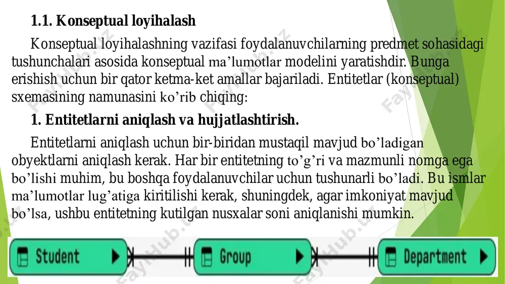 lashning asosiy vazifasi avvalgi bosqichni mantiqiy bog’langan modellarga aylantirishdir, bu biz tanlagan dbms xususiyatlariga bog’liq bo’lmaydi. buning uchun quyidagi amallar qo’llaniladi: bdning mantiqiy sxemalarining namunasi 1. ma’lumotlar modelini tanlash. ma’lumotlar jadval ko’rinishidagi tasviri va ular bilan ishlash qulayligi uchun relatsion/ nerelatsion ma’lumotlar modeli tanlanadi. 2. er-model asosida jadval to’plamlarini aniqlash va hujjatlashtirish. har bir entitet uchun jadval yaratiladi, entitetning nomi jadval nomi bo’ladi. jadval o’rtasida birlamchi va tashqi kalitlar mexanizmi orqali bog’liqliklar o’rnatiladi. jadval tuzilmalari va o’rnatilgan bog’liqliklar ham hujjatlashtirilishi kerak. 3. jadvallarni normallashtirish. biz normallashtirish haqida keyinroq batafsilroq gaplashamiz, lekin loyihalovchi ma’lumotlar semantikasini va ularni ishlatish xususiyatlarini yaxshi tushunishi kerak. jadvallarimizning normallashtirish darajasini tekshirish kerak va agar kerak bo’lsa, ularni uchinchi normal shaklga keltirish kerak. natijada, vertikal va gorizontal ravishda kengaytirib bo’ladigan juda moslashuvchan ma’lumotlar bazasi loyihasi hosil bo’ladi. 4. foydalanuvchilar tomonidan belgilangan barcha tranzaksiyalarni bajarish imkoniyatini mantiqiy ma’lumotlar modelini tekshirish. tranzaksiyalar nima ekanligini oldindan bilasiz va keling bir …