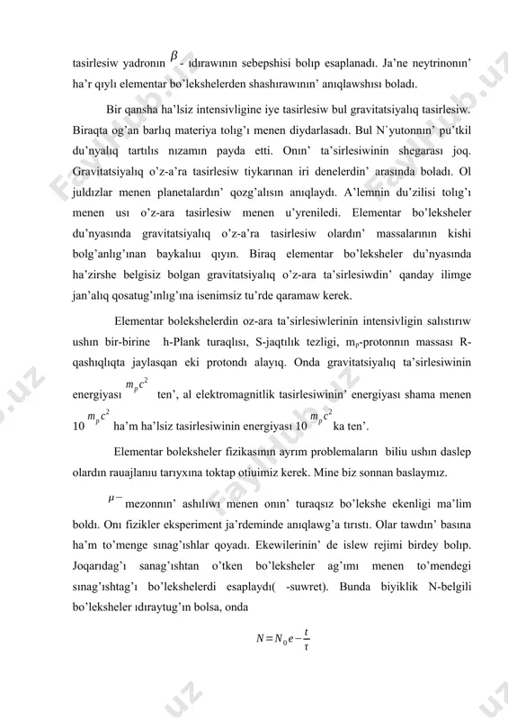 adı. ol qaldıq iz dep ataladı. plastinkag’a kelip tysip atırg’an bo’lekshenin’ energiyası formulası menen anıqlanadı. eger biz izertlep atırg’an bo’lekshe proton bolsa, bunda, -protonnın’ kinetikalıq energiyası, koeffitsentleri, -protonnın’ qaldıq izi ha’r qıylı energiyag’a massag’a iye bo’leksheler ushın ha’m nin’ ma’nisleri o’zgerip otıradı. ha’r qıylı energiyag’a iye bo’leksheler plastinkada ha’r qıylı iz qaldıradı. ma’selen iz qaldıradı. qa iye bo’lekshe de o’zinin’ energiyasın joyıltadı. al qa iye bo’lekshe o’zinin’ energiyasın aralıqta joytadı degen so’z. plastinkada bo’lekshenin’ qaldıratug’ın izi bo’lekshenin’ ionizatsiyalaw uqıplıg’ı degen shama kirgiziledi. ol bo’lekshenin’ ionizatsiya uqıplılıg’ı qansha ko’p bolsa. plastinkada qaldıratın’ izi sonsha ko’p, yag’nıy daneshelerdin’ sanı ko’p boladı. endi massaları ha’r kıylı bolg’an g bo’lekshenin’ plasinkada qaldırg’an izinin’ massasına baylanıslı ekenligin qarayıq. bolg’anda g max iye boladı. usı metod arqalı bo’lekshelerdin’ massasın anıqlawg’a boladı. zaryadı z=1 bolg’an bo’lekshenin’ ionizatsiya uqıplılıg’ı bo’lekshenin’ kenetikalıq energiyası bunnan r-boyınsha tuwındı alsaq bunnan tezlikke baylanıslı ag’zalardı dep onda qaldıq iz massag’a ha’m zardqa baylanıslı …