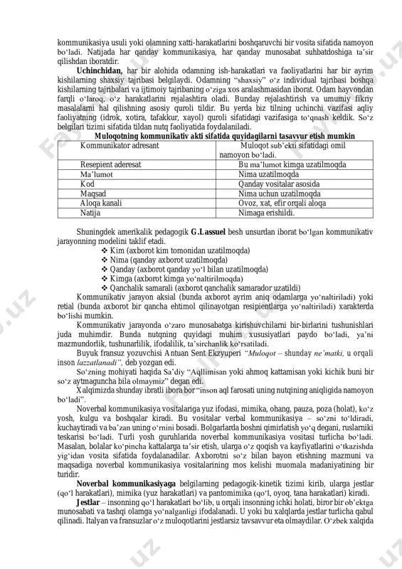 . tashqi nutq – yozma va og‘zaki nutqqa, og‘zaki nutq esa monolog va pedagogik nutqqa bo‘linadi. monolog – bir kishining o‘ziga yoki boshqalarga qaratilgan nutqidir. bu o‘qituvchining bayoni, o‘quvchining to‘laroq javobi, ma’ruza va boshqalardir. monologik nutq ma’lum qiyinchiliklarga ega. monologda gapirayotgan kishi fikrlarning aniqligiga, pedagogik qoidalarning saqlanishiga, mantiq va aytilayotgan fikrlarning izchilligiga e’tibor berishi kerak. dialogik nutqqa nisbatan monologik nutq kechroq shakllanadi. maktabda o‘qituvchilar o‘quvchilarda monologik nutqni rivojlantirishga alohida e’tibor berishlari kerak. ikki yoki undan ortiq kishilar o‘rtasidagi nutq – dialog deyiladi. dialogik nutqda bayon qilinayotgan fikr ko‘p jihatdan undan oldingi fikrga bog‘liq bo‘ladi. dialogik nutqda suhbatdoshlarga ma’lum bo‘lgan ayrim so‘zlar tushirib qoldiriladi. shuning uchun yozib olingan dialog boshqalarga unchalik tushunarli bo‘lmasligi mumkin: dialogik nutqda har xil turdagi shablonlar, ya’ni odatlanib qolingan so‘z birikmasi ko‘p uchraydi (g‘oyil, marhamat qilib aytingchi). nutqning ichki nutq deb atalgan turi nutq faoliyatining alohida turi hisoblanadi. ichki nutq amaliy va nazariy faoliyatni rejalashtirish fazasi sifatida …
