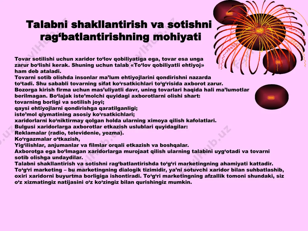 ar tovarni yaxshi bilsada, kamroq xarajatlar qilib, pastroq narx orqali, raqobat kam sharoitda muvaffaqiyatga erishiladi. tovar bozorining o‘sish bosqichida bozorga kirgan tovar bilan iste’molchilar ko‘proq tanishgani tufayli raqobatchilarni siqa boshlaydi. agar bozor katta bo‘lsa, raqobatchilar ham bizning tovarga o‘xshash tovar ishlab chiqara boshlaydi. raqobatchilarga qarshi bozorga o‘sha tovarning yangi-yangi turlari va yangi xaridorlari uchun ishlab chiqiladi. shu davrda, ayrim tovarlarning modelini yangilash va talabni shakllantirishning har xil tadbirlari o‘tkaziladi. reklamada tovarning amaliyotdagi iste’molchilar tajribasida sinalgan xususiyatlari ko‘proq yoritiladi, imtiyozlar va narxni pasaytirishgacha qo‘llaniladi. tovar bozorining etilish (pishgan) davrida tovarning to‘la assortimenti bozorga kiritilgan va 50 foizdan ortiq xaridorlarga kerakli tovar bilan ta’minlangan bo‘ladi. endi tovarni asosan konsyervativ dunyoqarashli xaridorlar sotib olishadi. talabni rag‘batlantirish tadbirlari asosan tovarning foydaliligini yoritishga qaratiladi. xaridorlarga va sotuvchilarga ta’sir etish uslublari sotuvchi uchun ko‘rgazma va yarmarkaning ahamiyati birinchi navbatda o‘z raqiblari tovarlarini o‘rganish imkoniyatiga ega bo‘lishi va turli reklama vositalaridan foydalanib, o‘z tovarlarini keng reklama vositalaridan …