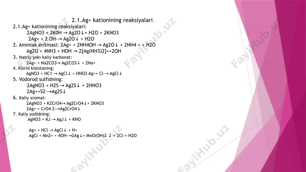 ba natijasida kislota bilan tuz o‘rtasida ion almashinish reaksiyasi sodir bo‘ldi va natijada erimaydigan tuz — pbcl₂ cho‘kmasi hosil bo‘ldi. foydalanilgan adabiyotlar: 1.x.x.turayev,n.t.turabov,b.x.alimnazarov analitik kimyodan labaratoriya mashg’ulotlari toshkent 2019. 2.khan academy (www.khanacademy.org) 3.chemguide (www.chemguide.co.uk) image1.png image2.png image3.png image4.png image5.png