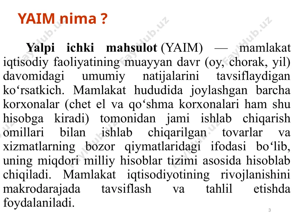 i: ssm.vа imp. = sоliq m.vа imp. – subsidiya m.vа imp. mhtdа bаhоlаr tizimi оrаliq istе’mоl оmil bаhоsi аsоsiy bаhо ishlаb chiqаruvchi bаhоsi sоtib оluvchi (istе’mоlchi) bаhоsi mеhnаt hаqi yalpi fоydа bеvоsitа ishlаb chiqаrish uchun sоf sоliqlаr mаhsulоt uchun sоf sоliqlаr sаvdо-trаnspоrt ustаmаsi subvensiya — muayyan maqsadlarga sarflash sharti bilan yuqori turuvchi byudjetdan quyi turuvchi byudjetga qaytarmaslik sharti bilan ajratiladigan pul mablag‘lari. subsidiya (lot. subsidium) — tovarlar ishlab chiqarish, ishlar bajarish, xizmatlar ko‘rsatish va ularni realizatsiya qilishni moliyalashtirish yoki birgalikda moliyalashtirish yoxud maqsadli xarajatlarning o‘rnini qisman qoplash uchun byudjet tizimi byudjetlari hisobidan yuridik va jismoniy shaxslarga beriladigan pul mablag‘lari. dotatsiya — byudjet tizimi byudjetlariga ularning o‘z daromadlari yetishmagan taqdirda daromadlar bilan xarajatlar o‘rtasidagi farqni qoplash uchun qaytarmaslik sharti bilan ajratiladigan pul mablag‘lari. nominal yamd - joriy baholarda hisoblangan yamd. real yamd – baholarning o‘zgarishini hisobga olib, doimiy baholarda hisoblangan yamd. pirovard mahsulot - ishlab chiqarish jarayoni yakunlangan shaxsiy va unumli …