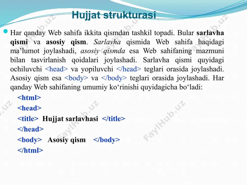 larni tekislash (tenglash)da ishlatiladi. abzatsni brauzer oynasining o‘ng yoki chap tomoniga tekislash, markazlashtirish yoki to‘la eniga yoyib yozish uchun ularga mos ravishda left, right, center va justify qiymatlari ishlatiladi. bularning qo‘llanilishini quyidagi misolda ko‘ramiz: matnlarni tekislash abzastlarni gorizontal tekislash chap tomonga tekislash o’ng tomonga tekislash markazlashtirilgan abzast eni bo’yicha yoyib yozilgan abzast font tegi tegi matnlarini bezashda qo’llaniladi. tegini yopiluvchi tegi shunday ko‘rinishda bo‘ladi. tegi quyidagi parametrlarga ega: size - matn o‘lchamini ko‘rsatish; color - matn rangini berish; face - matn qaysi shriftda tasvirlanishini belgilash; size parametri qiymat sifatida 0 dan 7 gacha bo‘lgan sonlarni qabul qiladi. bu sonlar matndagi simvollar o‘lchamini bildiradi. masalan: shrift o‘lchamini bittaga oshirish uchun quyidagi konstruksiyani yozishimiz kerak: shrift (simvol) o‘lchamlarini ikki birlikka kichraytirish uchun esa quyidagini yozishimiz kerak: matnga rang berish font tegining navbatdagi parametri bu color parametridir. color-parametri quyidagicha yoziladi: masalan: qo‘llanilayotgan shrift simvollarini yashil rangda tasvirlash uchun quyidagini yozishimiz lozim: navbatdagi face …
