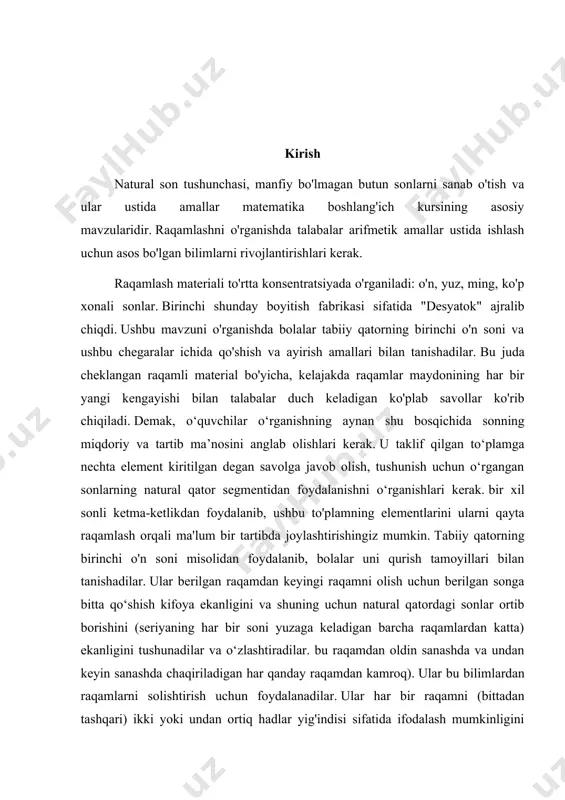 n berilgan songa bitta qo‘shish kifoya ekanligini va shuning uchun natural qatordagi sonlar ortib borishini (seriyaning har bir soni yuzaga keladigan barcha raqamlardan katta) ekanligini tushunadilar va o‘zlashtiradilar. bu raqamdan oldin sanashda va undan keyin sanashda chaqiriladigan har qanday raqamdan kamroq). ular bu bilimlardan raqamlarni solishtirish uchun foydalanadilar. ular har bir raqamni (bittadan tashqari) ikki yoki undan ortiq hadlar yig'indisi sifatida ifodalash mumkinligini bilib oladilar. shu bilan birga, har bir masalani o'rganish oldingi konsentratsiyaga asoslanadi, yangi mazmun bilan to'ldiriladi va shu bilan uning rivojlanishini oladi. ularni qayta raqamlash. tabiiy qatorning birinchi o'n soni misolidan foydalanib, bolalar uni qurish tamoyillari bilan tanishadilar. ular berilgan raqamdan keyingi raqamni olish uchun berilgan songa bitta qo‘shish kifoya ekanligini va shuning uchun natural qatordagi sonlar ortib borishini (seriyaning har bir soni yuzaga keladigan barcha raqamlardan katta) ekanligini tushunadilar va o‘zlashtiradilar. bu raqamdan oldingi sanashda va undan keyin sanashda chaqiriladigan har qanday sondan kamroq). ular bu …