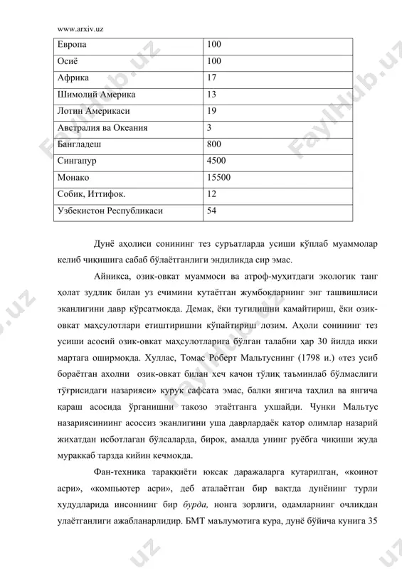 ри узлаштирилади, озик-овкат маҳсулотлари ишлаб чиқариш 11 марта ортади. бундан ташкари фаровонликнинг ортиши аҳоли тузилиши ва кўпайишини камайтиради. 1977 йили акш собик президенти ж. картер давлат ва илмий муассасаларга ер шари аҳолиси сони, табиий ресурслар миқдори ва атроф-муҳит ҳолатини 2000 йилгача башоратини яратиш борасида кўрсатма беради. тайёрланган «дуне 2000 йилда» (1980 и.) номли маърузада кайд қилинишича, дунё аҳолиси сони 2000 йилда 6,35 млрд. кишини ташкил этади, даромад жон бошига 15%га ортади. озик-овкат маҳсулотлари миқдори фақат хосилдорликнинг орттириш эвазига содир бўлиши мумкин. 2000 йилда жами 1,3 млрд. киши оч-ночор ҳолда бўлади. дунё аҳолисининг ярмисида сувга бўлган талаб 2 хисса ортади, урмонлар майдони эса тенг яримга кисдаради. нефть етишмовчилиги ва баҳоси ортиши натижасида саноати ривожланган мамлакатларда кумирдан ва ядро энергиясидан фойдаланиш даражаси ошади. кумир истеъмолининг ортиши атмосфера таркибида чанг ва со2 чикиндилари миқдорини орттиради. умуман, ифлословчи моддаларнинг ҳаво таркибида кўпайиши «ишкорли» ёмгирлар ёгадиган минтакалар кенгайишига сабаб бўлади. 2. озиқ-овқат махсулотлари муаммоси. кейинги …