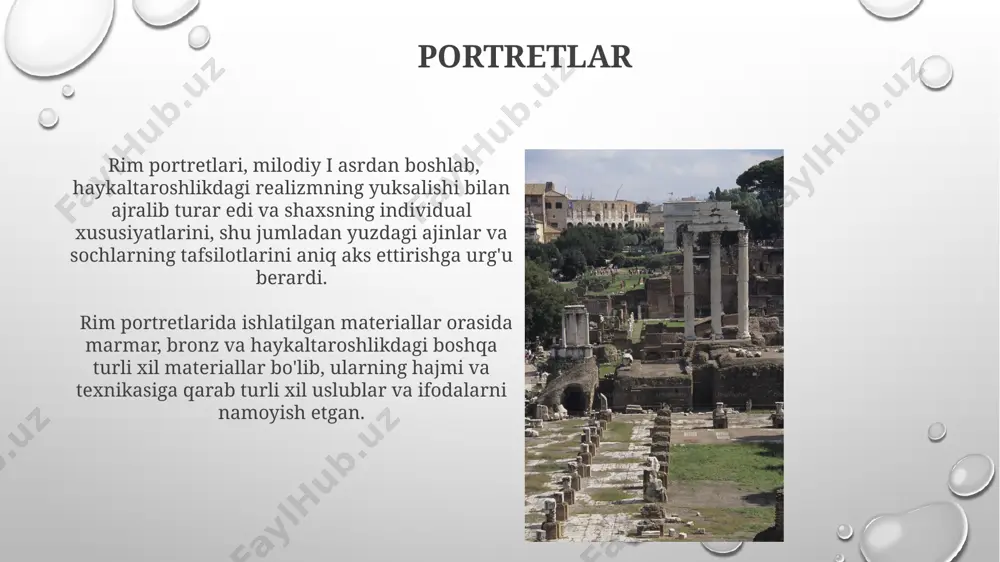 t rim mozaikasi san'atining rivojlanishi, ayniqsa, 1-asrda, imperiya chegaralarining kengayishi va boylikning oshishi bilan bogʻliq boʻlib, siyosiy barqarorlikni aks ettiradi. rim imperiyasi davrida qurilgan ulkan amfiteatrlar, masalan, kolizey, 50 000 dan ortiq tomoshabinga moʻljallangan boʻlib, davlatning qudratini namoyish etgan. kundalik hayot tasvirlari pompeydagi va gerkulanumdagi uy devorlaridagi rasmlar, taxminan milodiy 79-yilgi vezuviy vulqon otilishidan oldingi rim aholisining 100 dan ortiq kundalik marosimlarini va an'analarini aks ettiradi. rimliklarning kundalik hayotini aks ettiruvchi freskalar, masalan, pompeydagi villalarda topilganlar, 20 dan ortiq turli xil kasb va ijtimoiy sinflarni, ularning kiyimlari va me'morchiligi tafsilotlarini namoyish etadi. mifologik mavzulardagi asarlar afsonaviy mavzulardagi freskalar, pompe va herculaneumdagi villa devorlarida topilgan 100 dan ortiq rasmlar, mitologik voqealarni tasvirlaydi va qahramonlarning, xudolarning harakatlarini aks ettiradi. rim mifologiyasiga bag'ishlangan relyeflar, masalan, traian ustuni va mark aurelius ustuni, yuzlab figuralarni o'z ichiga olgan murakkab kompozitsiyalar bo'lib, tarixiy va mifologik voqealarni birlashtiradi. me'morchilik memorkilik sanʼati haykaltaroshlik, relyef va mozaika texnikalarini birlashtirgan …