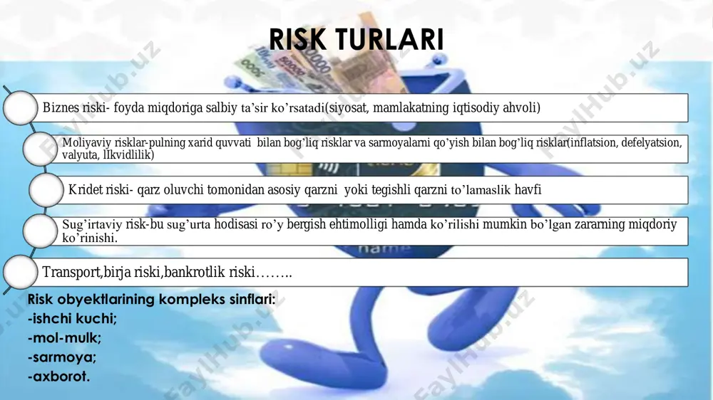 xborot olish xarajat bilan bog‘liq, ba’zi axborotlar nihoyatda qimmat turadi. bozorda sotiladigan tovar to`g`risida, tovarni ishlab chiqaruvchi firmaning nomi to`g`risidagi axborotlar, tovar markasi, firma belgisi, firmaning obro`i, tovar sifati va kafolati to`g`risidagi axborotlar bozor signallari bo`lib xizmat qiladi va bu signallar tovar sotib olishdagi tavakkalchilikni kamaytiradi risklarni kamaytirish yoki oldini olish yo’llari diversifikatsiya-korxonalarning faoliyati va va ishlab chiqaradigan maxsulot turlarining kengayishi,yangilanib turishi; sug`urtalash- mol-mulk,har xil baxtsiz hodisalar ro’y berishi natejasida ko’rilgan zararni qoplash; forvar shartnomasi-bu ikki tomon aktivini belgilangan narxda sotib olish yoki sotish to’g’risidagi shartnomasi. opsion-(nem. option — tanlash, istak) — sotuvchi yoki xaridorga qimmatli qogʻozlar yoki tovarlarni muayyan muddat davomida belgilangan narxlarda sotib olish yoki sotish huquqini beradigan shartnoma. xedjerlash-moliyaviy aktivlar xavfini kamaytirrish uchun qo’llaniladigan usul. bozorda assimmetrik axborot ham bor. asimmetrik axborot - bu shunday holatki, bozordagi bozor sub’ektlari o’rtasida bo’ladigan savdo-sotiqda ularning bir qismi kerakli, muhim axborotga ega, qolgan qismi esa ega emas. bu esa ma’lum …