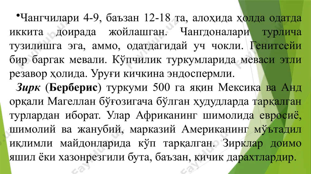 сони 3 та ёки 5 та бўлади. булардан поянинг пастки қисмидаги иккитаси илдиз бўғзидаги баргларга ўхшашдир. ер совун меваси май ойида пишади. у шишган чаноқчадан иборат. у жумҳуриятимизнинг кўпгина вилоятларида қумлоқ ва соз тупроқли ерларда ўсади. айниқса, лалмикор ерларда кўп учрайди. самарканд вилоятининг катта қўрғон ноҳияларида жуда кўп ўсади. унинг илдизи таркибида кўп ҳосил қилувчи модда бўлгани учун. ерсовун илгари вақтда совун ўрнида ишлатилган. тугунагида крахмал ҳам кўп. ундан спирт саноатида, дори тайёрлашда фойдаланиш мумкин. уни моллар деярли емайди. эътиборингиз учун раҳмат image1.jpeg image2.jpeg image3.jpeg /docprops/thumbnail.jpeg