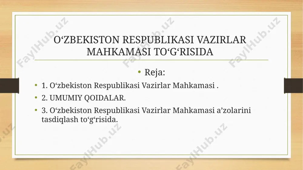 ton respublikasi qonunlari, oliy majlis qarorlari, o‘zbekiston respublikasi prezidentining farmonlari, qarorlari va farmoyishlari ijrosini ta’minlaydi; 5) o‘zbekiston respublikasi oliy majlisiga har yili mamlakat ijtimoiy-iqtisodiy hayotining eng muhim masalalari yuzasidan ma’ruzalar taqdim etadi; vazirlar mahkamasi davlat boshqaruvi organlari tizimiga va o‘zi tashkil etadigan xo‘jalik boshqaruvi organlari tizimiga boshchilik qiladi, ularning hamjihatlik bilan faoliyat ko‘rsatishini ta’minlaydi. vazirlar mahkamasi o‘z faoliyatida o‘zbekiston respublikasi oliy majlisi va o‘zbekiston respublikasi prezidenti oldida javobgardir. vazirlar mahkamasi qonunchilik tashabbusi huquqiga ega. oʻzbekiston respublikasi vazirlar mahkamasi aʼzolarini tasdiqlash toʻgʻrisida oʻzbekiston respublikasi konstitutsiyasining 98-moddasiga muvofiq vazirlar mahkamasi yangi saylangan oʻzbekiston respublikasi oliy majlisi oldida oʻz vakolatlarini zimmasidan soqit qilganligi maʼlumot uchun qabul qilinsin. oʻzbekiston respublikasi prezidentining taklifiga koʻra, oʻzbekiston respublikasi oliy majlisi qonunchilik palatasi va senatining 2020-yil 21-yanvardagi qarorlariga muvofiq, bosh vazir lavozimiga a.n. aripov tasdiqlangan. oʻzbekiston respublikasi oliy majlisi qonunchilik palatasining 2020-yil 22-yanvardagi tegishli qarorlariga binoan oʻzbekiston respublikasi vazirlar mahkamasining aʼzoligiga nomzodlar maʼqullangan. 1. oʻzbekiston respublikasi konstitutsiyasining 98-moddasiga …