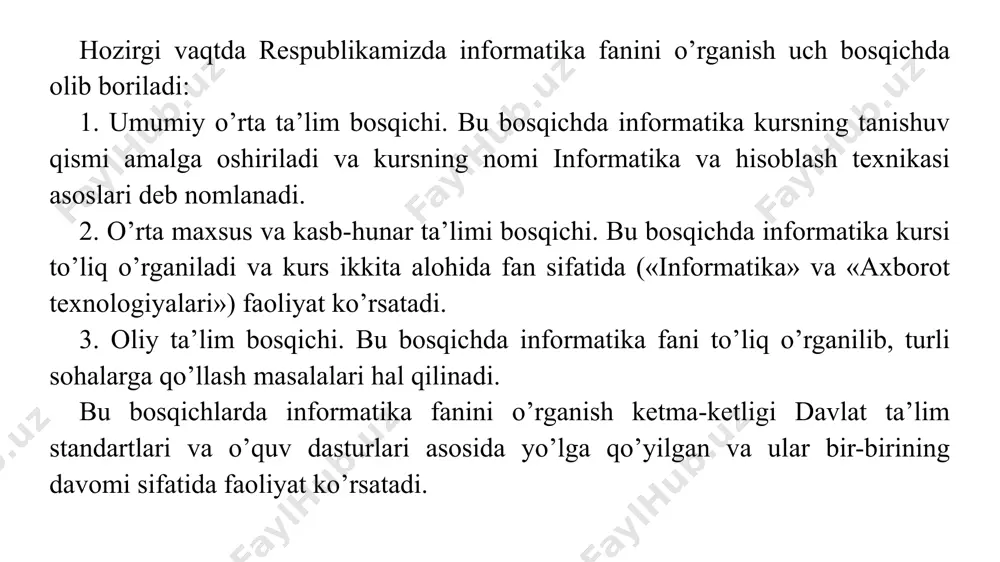 htirish); • o’qitishni ko’rgazmali tashkil qilish; • o’qitishni shaxslantirish; • o’quvchilarning bilim darajalariga qarab o’qitishni tashkil etish. informatika o’qitish metodikasida asosiy o’rinlardan yana birini o’qitish metodlari(usullari) egallaydi. o’qitish metodi (metod grekcha metodos – so’zidan olingan bo’lib, biror narsaga yo’l ma’nosini bildiradi) – ta’lim va tarbiya vositasi sifatidagi o’qitish maqsadlariga erishishga yo’naltirilgan o’qituvchi va o’quvchining bir-biri bilan bog’langan faoliyatining tartiblangan usullaridir. o’qitish metodlarining muammolarini «qanday o’qitish kerak?», «nima uchun o’qitish kerak?», «nimalarni o’qitish kerak?» va «kimlarni o’qitish kerak?» kabi savollar orqali ifodalash mumkin. o’qitish metodlarini an’anaviy va noan’anaviy metodlarga bo’lish mumkin. an’anaviy metodlar sifatida quyidagilardan foydalanilmoqda: • amaliy metodlar – tajriba, mashqlar bajarish, mustaqil ish, laboratoriya ishi. • ko’rgazmali metodlar – illyustrasiya, kuzatish. • og’zaki metodlar – tushuntirish, hikoya qilish, suhbat, ma’ruza. • kitob bilan ishlash – o’qish, tez ko’rib chiqish, sitata olish, bayon etish, qayta so’zlab berish, konspekt qilish. • video metod – ko’rib chiqish, mashq qilish. hozirgi kunda akademik …