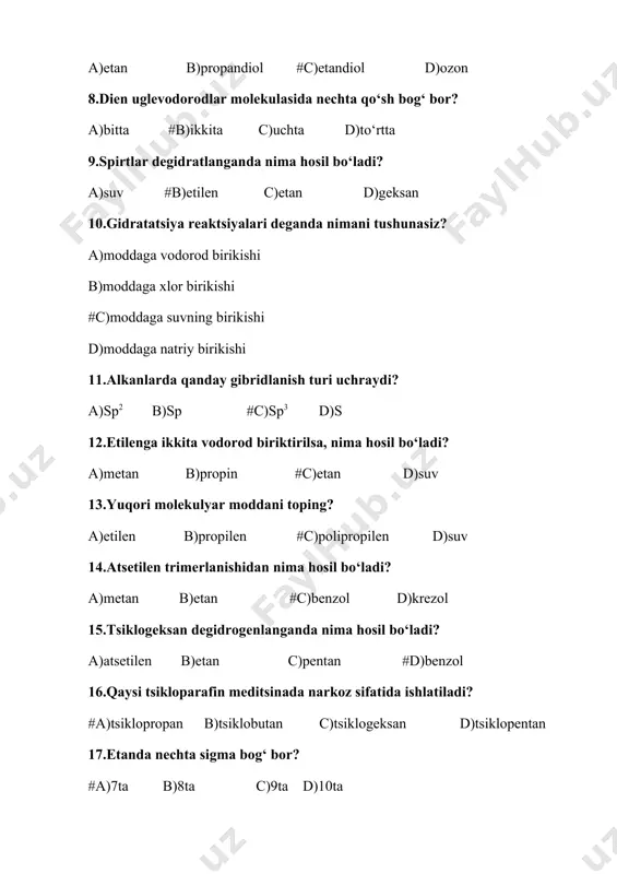 a)7ta b)8ta c)9ta d)10ta 18.benzolda nechta sigma bog bor? a)1ta b)2ta c)3ta #d)12ta 19.uglevodorodning tabiiy manbalariga nimalar kiradi? #a)tabiiy gaz, neftning yo‘ldosh gazlari, neft, toshko‘mir b)gaz, suv, karbonat angidrid, azot c)gaz, ishkor, tuz, ohak, kislota d)gaz, ko‘mir, xlor, brom, yod 20.benzol gidrogenlanganda nima hosil bo‘ladi? a)toluol b)ksilol #c)siklogeksan d)neft 21.yorug‘lik ta’sirida benzolga xlor biriktirilsa, nima hosil bo‘ladi? a)xlorobenzol b)xlorvinil c)xlorbutan #d)geksaxloran 22.geptanni nechta izomeri bor? a)1ta b)2ta c)3ta #d)9ta 23.benzolning molekulyar massasi nechaga teng? a)70 b)86 c)75 #d)78 24.alkenlar gidratlanganda nima hosil bo’ladi? a)etan #b)spirtlar c)propan d)buten 25.atsetilen gidratlanganda nima hosil bo‘ladi? #a)sirka aldegid b)suv c)spirt d)kislota 26.kauchukni mexanik va kimyoviy xossalarini yaxshilash uchun nima qo‘shiladi? a)suv b)xlor #c)oltingugurt d)xrom 27.ebonit tarkibida qanday element 32% ni tashkil etadi? a)suv b)brom c)yod #d)oltingugurt 28.lateksdan nima olinadi? #a) kauchuk b)rezina c)ebonit d)xlor 29.tabiiy kauchuk qaysi dien uglevodoroddan tashkil topgan? a)butadien #b)izopren c)xlorvinil d)vinilplast 30.atsetilenga vodorod xlorid ta’sir ettirilsa, qanday mahsulot olinadi? #a)vinilxlorid …