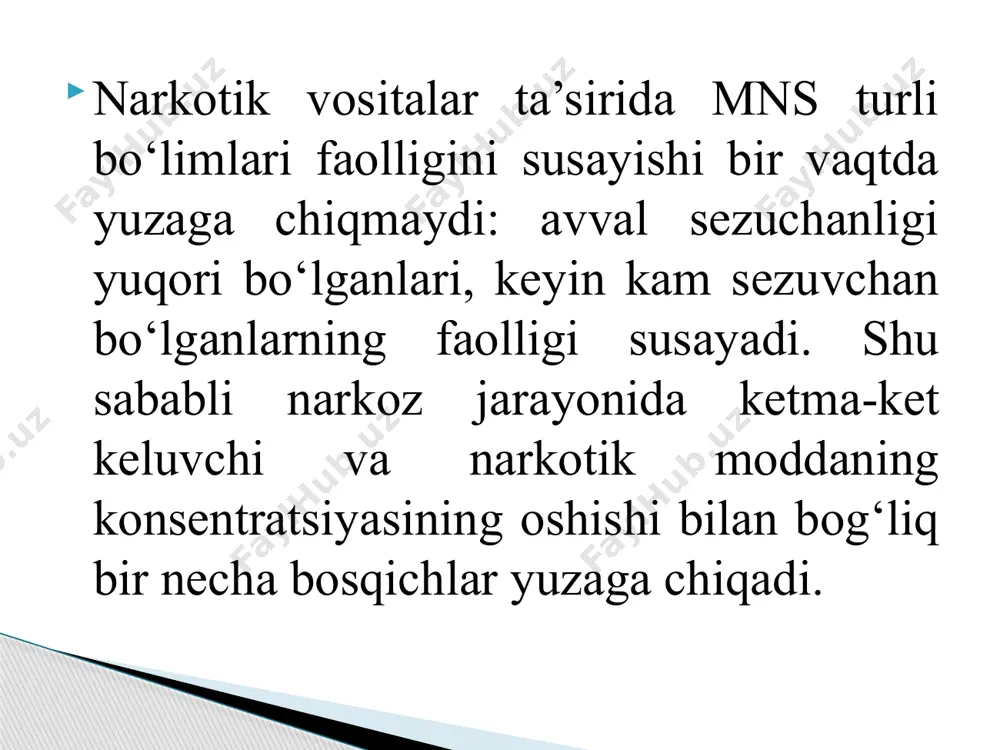 luran alangalanishdan xavfsiz. xloroform, xlor etil zaharliligi yuqori, narkotik kengligi tor bo‘lganligidan hozirda narkoz uchun ishlatilmaydi. azot (i)-oksid rangsiz, hidsiz gaz bo‘lib, mahalliy qitiqlantiruvchi xususiyati yo‘q, zaharsiz modda hisoblanadi. narkotik kuchi sust. narkoz rivojlanishi uchun uni nafas yo‘llariga 94 hajm % miqdorida kiritish kerak, lekin bunda gipoksiya vujudga keladi. agar 80-86% miqdorda berilsa, yuzaki narkoz rivojlanadi. anesteziologiyada 80% azot (i)-oksidi va 20% kislorod aralashmasidan foydalaniladi. bunda tez, qo‘zg‘alish bosqichi qisqa bo‘lgan, oson boshqariladigan narkoz yuzaga keladi. lekin narkoz chuqur bo‘lmaydi, mushaklar bo‘shashmaydi. gazsimon narkotik vositalar preparatni berishni to‘xtatish bilan bemor uyg‘onadi. noxush ta’sirlari yo‘q. alangalanmaydi, lekin efir bilan aralashmasi portlashi mumkin. odatda bu preparatni boshqa faolligi yuqori bo‘lgan narkotiklar bilan (ftorotan), kuraresimon vositalar bilan qo‘shib qo‘llaniladi. faqat jarrohlikda emas, balki kuchli og‘riqlarni daf etishda ham ishlatiladi. (miokard infarkti). preparat nafas yo‘llari orqali o‘zgarmagan holda organizmdan ajraladi. siklopropan azot (i)-oksididan narkotik va og‘riqsizlantirish kuchi yuqoriligi bilan farq qiladi. narkotik ta’sir kengligi …