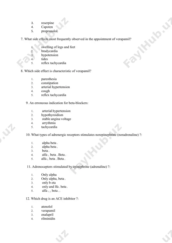 mil 3. enalapril 4. rilminidin 5. indapamide 13. which drug is a beta-blocker ?: 1. bisoprolol 2. ramipril 3. benzogeksony 4. reserpine 5. hydralazine 14. specify drugs are angiotensin receptor-2? 1. perindopril 2. valsartan 3. indapamide 4. moxonidine 5. nifedipine 15. preparations of calcium antagonists is: 1. raunatin 2. clonidine 3. amlodipine 4. captopril 5. losartan 16. alpha-blockers include: 1. amlodipine 2. clonidine 3. doxazosin 4. captopril 5. losartan 17. what types of receptors stimulates dopamine? 1. only alpha 2. only dopamine 3. only b eta 4. toko lfa 1 and beta 1 5. and lfa, beta, dopamine 18. in the treatment of anaphylactic shock are used: 1. adrenalin, prednisolone 2. atropine, vikasol 3. dibazol, pentamin 4. corvalol, nitroglycerin 5. nifedipine, clonidine 19. specify the non-selective beta-blocker: 1. metoprolol 2. propranolol 3. atenolol 4. nebivolol 5. bisoprolol 20. what is the drug lowers blood pressure by blocking the alpha-adrenergic receptors? …