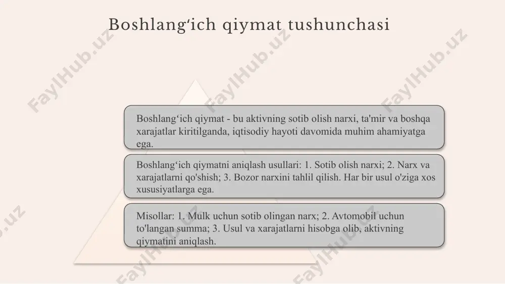 uddati oxiridagi taxminiy qiymati. bu qiymatlar, qaror qabul qilishda, investitsiyalarning rentabelligini baholashda qoʻllaniladi. masalan, agar kompaniya yangi texnika sotib olsa, uning boshlangʻich qiymati 100,000 so'm, qoldiq qiymati esa 20,000 so'm bo'lishi mumkin. bu qiymatlar, texnika xarajatlarini va foydasini hisoblashda muhimdir. boshlangʻich va qoldiq qiymatlarni to'g'ri aniqlash va ulardan foydalanish biznes strategiyasini muvaffaqiyatli amalga oshirish uchun zarur. bu, investitsiya qarorlarining to'g'riligi va moliyaviy natijalariga ta'sir qiladi. joriy va sotish qiymatining asosiy farqlari joriy qiymat haqida joriy qiymat – bu aktivning hozirgi bozor sharoitida ko'rsatiladigan qiymati. u aktivning amaldagi narxi yoki qiymati sifatida qaraladi. joriy qiymat, shuningdek, aktivning kelajakdagi naqd pul oqimlari bilan bog'liq bo'lgan vaqti-vaqti bilan qiymatini aks ettiradi. sotish qiymati haqida sotish qiymati – bu aktivni sotishdan kutilayotgan qiymat. bu aktivning xaridorlarga taklif etiladigan narxi yoki qiymati hisoblanadi. sotish qiymati, shuningdek, bozor talabiga va aktivning holatiga qarab o'zgarishi mumkin, shuning uchun bu qiymat har doim dinamikdir. joriy qiymatni hisoblash usullari …