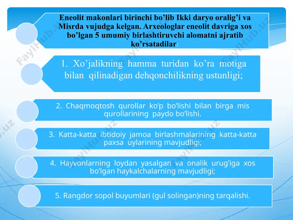 gi dehqonchilik manzilgohlari va shahar harobalari. eneolit va jez davri manzilgohlari saqlanib qolgan shimoliy va jan. anov tepaliklari ayniqsa dunyoga mashhur. anov madaniyati ni dastlab amerikalik geolog r. pompelli va angliyalik arxeolog shmidt tekshirgan. anov madaniyati qatlamlaridan xom gʻishtdan qurilgan binolar qoldiqlari, turli mis buyum va zeb-ziynatlar, tosh yorgʻuchoqlar, sirtiga rang-barang naqshlar ishlangan sopol idishlar hamda jamiki borliqni vujudga keltiruvchi qudrat timsoli hisoblangan ayol haykalchalari topil-gan. arxeologik qazishlar va aerofoto-suratlar eneolit davridayoq oʻrta osiyo hududida eng ilk sugʻorish inshootlari barpo boʻlganligini koʻrsatadi. eneolitdan jez davriga oʻtish bosqichida sopol buyumlarga naqsh ishlash bilan birga inson va hayvonlar shaklini ham chizish keng tus olgan. анов iб ёки нмз i босқичида ўтроқ деҳқон жамоалари янги ерларни ўзлаштириб, деҳқончилик ҳудуди кенгайиб боради. ушбу босқичнинг охирларида деҳқонлар геоксур воҳаси ҳудудига кўчиб келиб, янги ерларни ўзлаштирган. нмз i босқичи охирида кичик деҳқончилик қишлоқларининг майдони кенгайиб бориши билан ўртача катталикдаги манзилгоҳлар пайдо бўлади.бир хонали уйлардан ташқари кўп …