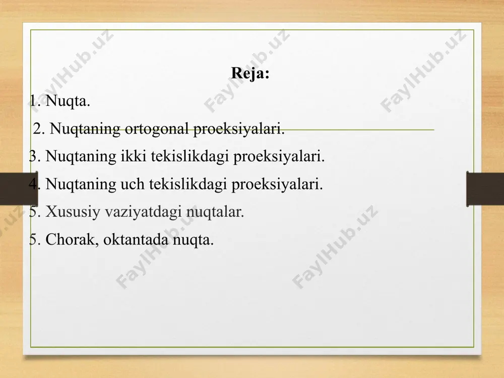 g gorizontal proeksiyalar tekisligigacha bo'lgan masofasi quyidagicha bo'ladi: [aa] = [a' a ] = [ ah ]. fazoviy chizmadan epyur hosil qilish uchun h tekislikni [ox) proeksiyalar o'qi atrofida soat strelkasi yo'nalishida 90° ga aylantiramiz. natijada gorizontal proeksiyalar tekisligi h va frontal proeksiyalar tekisligi v bitta tekislik bo'lib qoladilar. bunday chizma monj epyuri (tekis chizma) deyiladi. nuqtalarning epyuri keltirilgan. [a a'] - bog'lovchi chiziq [a a'] 1 [ox) nuqtaning to'rtta chorakdagi proeksiyalari. o'zaro perpendikulyar frontal proeksiyalar tekisligi va |orizontal proeksiyalar tekisligi v_lh fazoni to'rtta bo'lakka bo'ladi, lining 1/4 b'o'lagiga chorak deyiladi. choraklarga tegishli a, b, c, d, nuqtalarning fazodagi holatlarini epyurini tahlil qilamiz. agar a nuqta fazoning 1 - choragida yotgan bo'lsa, epyurda uning gorizontal proeksiyasi a [ox) proeksiyalar o'qining ostida, frontal proeksiyasi a' [ox) proeksiyalar o'qining yuqorisida yotadi. agar b nuqta fazoning 2 - choragida yotgan bo'lsa, epyurda uning orizontal b va frontal b' proeksiyalari [ox) proeksiyalar o‘qning yuqorisida …