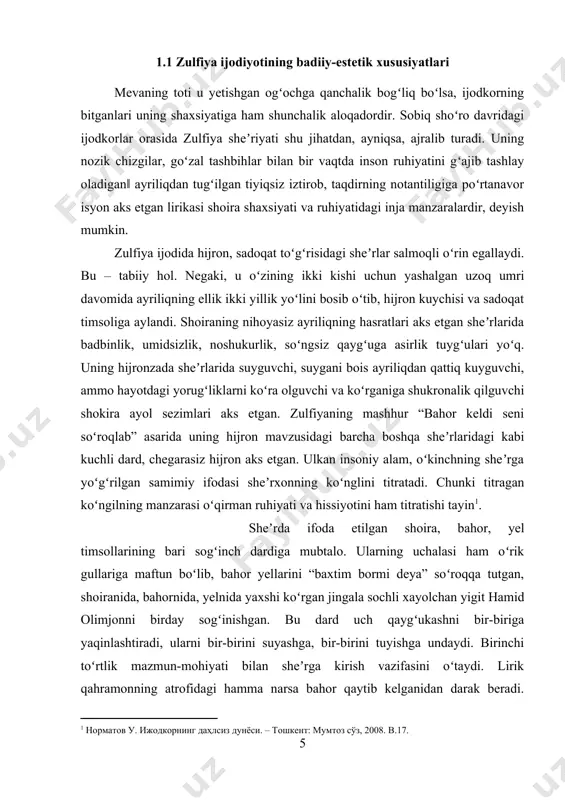 koʻrsatuvchi belgi deyish mumkin. sheʼrda bahorning holati: “qishning yoqasidan tutib soʻradi seni, ul ham yosh toʻkdi-yu chekildi nari” misralari orqali berilishi koʻklamga muhabbat qoʻyib, uni ham oʻziga shaydo qilgan shaxs tabiati haqida muayyan tasavvur uygʻotadi. bahorning qish yoqasidan tutishi shoira koʻngil holatini ifodalashi bilan birga yaralish fasli koʻklamning yoʻqotish fasli qishga munosabatini ham aks ettiradi. olamni ramziy idrok etishga odatlangan xalqimizning badiiy tajribasi bu oʻrinda “qish” timsoli oʻlim ramzi sifatida kelayotganligini anglatadi[footnoteref:3]. qishning bahor bergan haq savolga javob topolmay koʻz yoshi toʻkishi, nari chekinishi bilan lirik qahramonning koʻklam yeli soʻroqlari qoshida lol qolishi holatidagi uygʻunlik tasviri sheʼrxonni oʻziga rom etadi. oʻqirman oʻz husnu koʻrkini koʻrsatmoqchi boʻlib shoir yigitni bogʻlardan, yashil qirgʻoqlardan qidirgan shabbodaning uni topolmagach, qahr bilan boʻronga aylanib jarliklarga bosh olib ketishi, alamdan togʻlarning toshini soylarga qulatishi tasvirini tabiiy qabul qiladi. sezgir oʻqirman lirik qahramonning yanoqlari zaʼfaronligi sabablari toʻgʻrisida ham oʻyga toladi. sheʼrda lirik qahramon yotogʻiga kirib, uni savolga …