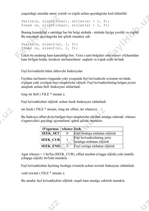 (k), 1, f); if (k % 2 == 0 ) { k *= 2; // fayl ko'rsatkichini oldingi xolatiga o'rnatish fseek(f, pos, seek_set); fwrite(&k, sizeof(int), 1, f); // fayl ko'rsatkichi o'rnini sizeof(int) ga surish pos += sizeof(int); fseek(f, pos, seek_set); } } cout sarlavha faylini programmaga qo'shish kerak bo'ladi. fayldan ma'lumotlarni o'qish yoki yozish uchun ochish fopen funksiyasi orqali amalga oshiriladi. file * fopen ( const char * filename, const char * mode ); filename - o'zgaruvchisi char toifasidagi satr bo'lib, faylning to'liq nomini ko'rsatishi lozim (filename = "d: \ qudrat_c++ \ namuna \ file \ file.txt"). agar faylning faqat nomi ko'rsatilgan bo'lsa, fayl joriy katalogdan qidiriladi (filename = "file.txt"). /docprops/thumbnail.emf 6-ma’ruza: fayllar bilan ishlash. binar fayllar reja. 1. fizik fayllar 2. mantiqiy fayllar 3. fizik va matiqiy fayllarni bog`lash. 4. fayllar. programma ishlashi natijasida olingan ma`lumotlarni, saqlab qo`yish uchun, cd, dvd disklar, qattiq disklar va boshqa har xil tashqi …