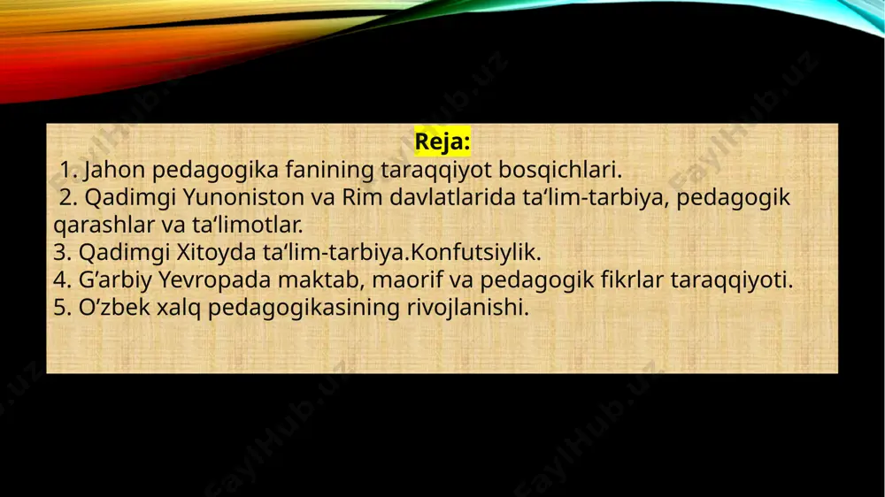 ga hurmat bilan qarash deb bilganlar. koxinlar kishilardagi «odobsizlik», «tarbiyasizlik» xudolarni lozim darajada e‘zozlamaslikdan paydo bo’ladi deb bilganlar. qadimgi misrda diniy va dunyoviy ma‘nodagi axloqiy-tarbiyaviy ta‘limotlar paydo bo’lgan. eramizdan avvalgi ii asrda qog’oz ilk bor xitoyda kashf etildi va ishlab chiqilgan. keyinchalik vii asrda samarqanda qog’oz ishlab chiqarila boshlandi va yevropa mamlakatlariga sotilgan. xvii asrda qog’oz ishlab chiqish yevropa mamlakatlariga ham yoyilgan.1000 yildan buyon bo’lib kelayotgan qog’oz bosish rossiya o’rta osiyoni bosib olgandan keyin to’xtatilgan. sharq mamlakatlaridagi ilk tarbiya maktablarida xat-savod o’rgatish murakkab, og’ir ish hisoblangan. ilm olish – nina bilan quduq qazish, deb bejiz aytilmagan. shu boisdan mutafakkir olimlar o’qitishning yengilroq usullarini topish ustida bosh qotirganlar. bu davrlarda yozuv, o’qish, hisob va din ilmlari yaratildi. qadimgi sharq mamlakatlarida maktablarda qattiq intizom o’rnatilgan, bolalarga nisbatan jismoniy jazo qo’llangan.markaziy osiyoda falsafiy, axloqiy, ma‘rifiy tafakkurning ilk kurtaklari xalq og’zaki ijodida o’z aksini topgan. ularda yozuv paydo bo’lgunga qadar va undan keyin ham …