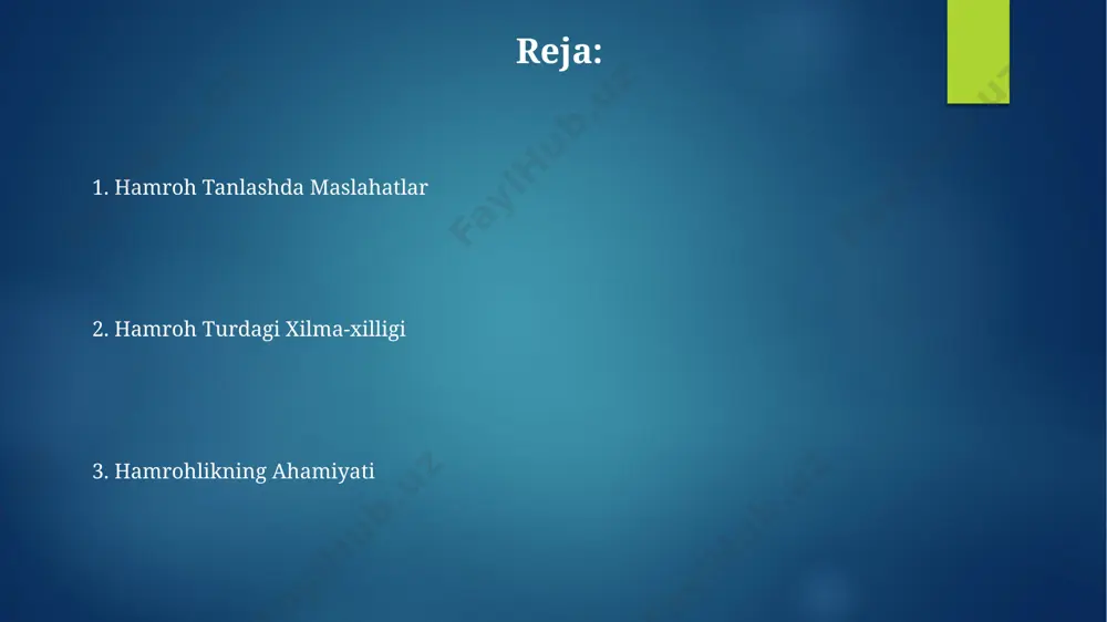 avjud: yaqin do'stlar (1-2 kishi), keng doiradagi tanishlar (5-10 kishi) va ijtimoiy guruhlar (10 kishidan ortiq). har bir tur o'ziga xos munosabatlar dinamikasiga ega. inson hayotida hamrohning ahamiyati insonning ijtimoiy ehtiyojlarini qondirishda hamrohlik muhim rol o‘ynaydi, chunki 70% dan ortiq odamlar ijtimoiy aloqalarni sog‘lom turmush tarzining ajralmas qismi deb hisoblaydi. o‘zaro qo‘llab-quvvatlash va ruhiy sog‘liqni saqlashda hamrohlar 30% gacha stress darajasini pasaytirishi va umr ko‘rish davomiyligini uzaytirishi mumkinligini tadqiqotlar ko‘rsatmoqda. o'simliklar hamroh sifatida tadqiqotlar shuni ko'rsatadiki, yashil maydonlarga yaqin joylashgan odamlarning qon bosimi va yurak urishi tezligi o'rtacha 15% ga past bo'ladi, bu esa o'simliklarning tinchlantiruvchi va sog'lomlashtiruvchi ta'sirini tasdiqlaydi. o'simliklar, xususan, uy sharoitida parvarish qilinadigan 10 dan ortiq turdagi gullar, stressni kamaytirish va kayfiyatni yaxshilashga yordam beruvchi fitontsidlar ajratadi, bu esa inson salomatligi va psixologik farovonligi uchun muhim ahamiyat kasb etadi. kelajakda hamrohlik kelajakdagi hamrohlik tizimlari insonlarning kunlik hayotlariga 2040-yilga borib 30% ga ko'proq integratsiyalashadi, bu esa sensorli texnologiyalar …