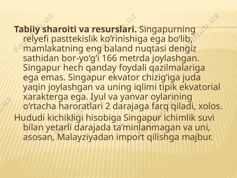 singapurda dunyo bo‘yicha jinoyatchilik darajasi juda past ko‘rsatgichni tashkil qiladi. singapur ko‘chalarida juda kam politsiyachilarni ko‘rish mumkin bo‘lsa-da, biroq deyarli shahar-mamlakatning har bir burchagida hoziru-nozir kameralar kuzatib turadi. singapurda hech qanday tabiiy resurslar mavjud emas. chuchuk suv singapurga malayziyadan import qilinadi. singapurda hamma narsaning narxi baland. singapurda hamma yoq juda toza va ozoda, xarob kulbalar va ifloslikni umuman uchratmaysiz. aynan singapurda dunyoda yagona formula-1 tungi poygasi o‘tkaziladi. singapurda avtomobilga egalik huquqi 60 ming singapur dollarini tashkil etadi va 10 yil muddatga beriladi. singapurliklar – jahondagi eng sog‘lom kishilar hisoblanadi. singapurning 3 foizga yaqin aholisi – dollar millionerlari. singapurda firmani o‘n minut ichida ro‘yxatdan o‘tkazish mumkin. singapurda ommaviy axborot vositalari hukumatning nazorati ostidadir. bu mamlakatda erkaklarga kalta shim (shorti) kiyib yurish taqiqlanadi. sovutgichlar nafaqat binolarda balki ayrim ko‘chalarda ham mavjud. har bir avtomobil salonida sirenalarni ko‘rish mumkin, mashina agar soatiga 80 kilometrdan yuqori harakatlangan taqdirda avtomatik tarzda o‘chib qoladi. singapurda saylovda …