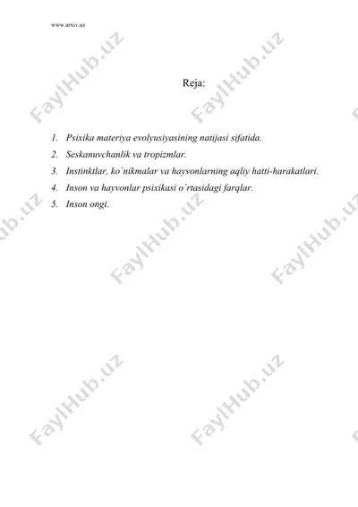 biologik evolyusiyada psixikaning paydo bo`lishi va rivojlanishi — DOC