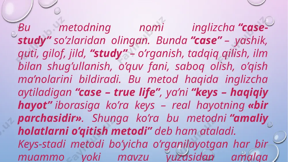 layotgan muammoni ifodalash hamda uning maqsadga muvofiq yechimi variantlarini izlashga yo’naltiradigan aniq real yoki sun’iy ravishda yaratilgan vaziyatning muammoli-vaziyatli tahlil etilishiga asoslanadigan ta’lim metodidir. 2) ta’lim, axborot-kommunikatsiya, boshqaruv na boshqa sohalarni o’rgatishda qo’yilgan ta’lim maqsadini amalga oshirish va keysda bayon qilingan amaliy muammoli vaziyatni hal qilish jarayonida oldindan belgilangan (bashorat qilinadigan) o’quv natijalariga kafolatli erishishni vositali tarzda ta’minlaydigan, bir tartibga keltirilgan optimal usullar va vositalar majmuidan iborat bo’lgan ta’lim texnologiyasidir. vaziyat (lotincha situation – ahvol) – muayyan vaziyat, ahvolni hosil qiladigan shart-sharoitlar va holatlar yig’indisi. keysda bayon qilingan vaziyat institusional tizimda (shu o’rinda va keyinchalik – korxonada) diskret (ayni shu) vaqtda tashkiliy hayotdagi tipik muammolarni qayta yaratadigan real yoki sun’iy qurilgan hodisalarning ideal tarzdagi in’ikosidan iboratdir. muammoli vaziyat – mazkur holda vaziyat sub’ektining hozirgi vaqtda yoki kelgusidagi maqsadlarga erishishiga xavf soladigan vaziyat tushuniladi. keys-stadi metodi tarixi. keys-stadi amaliy vaziyatlarni tahlil etish va hal qilish asosida o’qitish metodi sifatida xorijiy ta’limda …