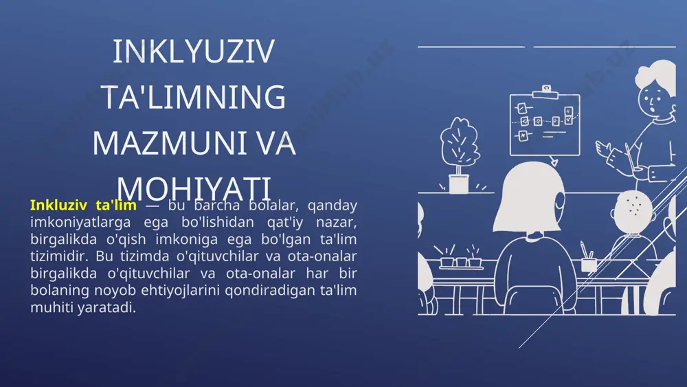 viy manbalarini kengaytirish moliyaviy yordam inklyuziv ta'lim muassasalarini moliyaviy jihatdan qo'llab-quvvatlash, yangi binolar, texnologik jihozlar va o'quv resurslarini sotib olish. infratuzilmani rivojlantirish inkluziv ta'lim muassasalarining infratuzilmasini zamonaviy talablarga moslashtirish. mutaxassislar tayyorlash inklyuziv ta'lim muassasalarida ishlaydigan mutaxassislarni tayyorlashga sarflangan xarajatlarni qoplash. ilmiy-tadqiqot ishlarini qo'llab-quvvatlash inklyuziv ta'lim sohasidagi ilmiy-tadqiqot ishlarini qo'llab-quvvatlash, yangi usullarni ishlab chiqish. inkluziv ta'lim kursining mavzulari 1 inkluziv ta'lim tushunchasi va printsiplari inkluziv ta'limning mohiyati, uning asosiy printsiplari, va bu tushunchaning o'qitish va o'rganish jarayoniga ta'siri batafsil o'rganiladi. 2 turli ehtiyojlarga ega bolalarni o'qitish usullari o'quvchilarning xususiyatlarini hisobga olgan holda o'qitish usullari, o'quv rejasi va dasturlarni moslashtirishning ahamiyati haqida so'z boradi. 3 inkluziv ta'limni tashkil etish bo'yicha amaliy tavsiyalar sinfda inklyuziya muhitini yaratish, o'qituvchilarning o'zaro hamkorligi, oila va jamoatchilik bilan ishlash usullari ko'rib chiqiladi. 4 inkluziv ta'limning qonunchilik asoslari inkluziv ta'lim bilan bog'liq qonunlar va hujjatlarni chuqur tahlil qilish va ularni o'qitish jarayonida qo'llashning ahamiyati haqida ma'lumot beriladi. * …
