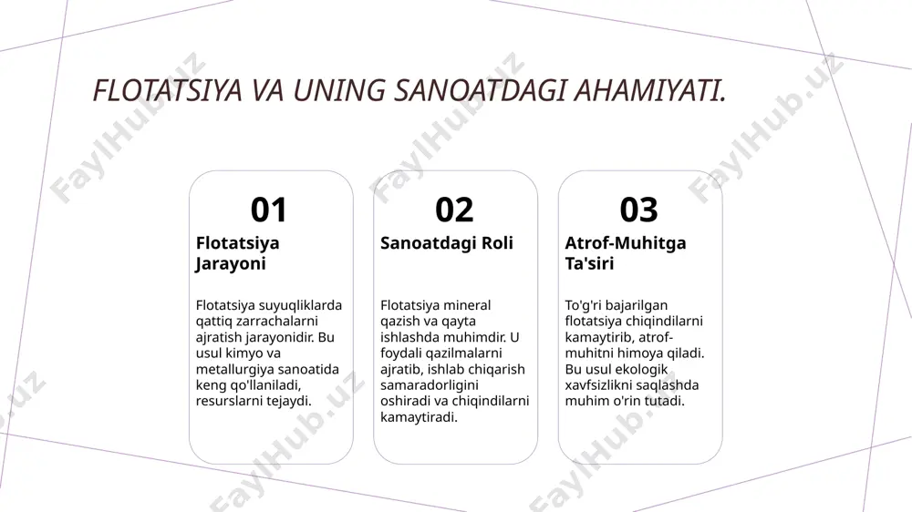 tomatlashtirilgan tizimlar ma'lumotlar tahlili sensor texnologiyalari suvning fizik va kimyoviy xossalarini real vaqtda kuzatib borishga imkon beradi. bu suv sifatini doimiy nazorat qilishda yordam beradi. avtomatlashtirilgan tizimlar suvni tozalash jarayonlarini optimallashtiradi. ular samaradorlikni oshirib, inson xatosini kamaytiradi va suv sifatini yaxshilaydi. ma'lumotlar tahlili suv sifatini monitoring qilishda muhim ahamiyatga ega. bu usul muammolarni erta aniqlab, tezkor chora ko'rishga imkon yaratadi. ekologik ta'sir: toza suvning ahamiyati. 01 suv resurslari toza suv resurslari tabiiy ekotizimlar uchun hayotiy ahamiyatga ega. ular o'simlik va hayvonot dunyosini qo'llab-quvvatlaydi, ekologik barqarorlikni ta'minlaydi. 02 sog'likka ta'siri toza suv inson salomatligi uchun muhimdir. u ichimlik suvi sifatini ta'minlaydi, kasalliklar tarqalishini oldini olishda muhim rol o'ynaydi. 03 iqtisodiy rivojlanish toza suv sanoat jarayonlari va qishloq xo'jaligi uchun zarurdir. u iqtisodiy o'sishni qo'llab-quvvatlab, samaradorlik va ishlab chiqarishni oshiradi. o'zbekistonda suvni aylanma tozalash bo'yicha tadqiqotlar. ilmiy tadqiqotlar o'zbekistonda suvni aylanma tozalash bo'yicha ilmiy tadqiqotlar, suv resurslarini samarali boshqarish va atrof-muhitni muhofaza …