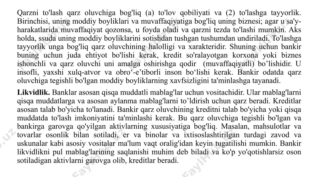 yliklarni oladi. moddiy aktivlar shubhasiz qimmatli aktiv, bankir bunday aktivlarning xavfsizligi bo'yicha avanslar berayotganda o'zini xavfsiz his qiladi, ammo ba'zi bir xavf mavjud, har doim unda ular ishtirok etadi. sanoat yoki savdo turg'un sharoitlarga va tovarlar narxiga duch kelishi mumkin va tovarlar keskin tushib ketishi mumkin. tabiiy ofatlar, toshqinlar va zilzilalar, siyosiy tartibsizliklar mamlakatning ayrim qismlari hatto gullab-yashnagan biznesni ham buzishi mumkin. uning manfaatlarini bunday narsalardan himoya qilish kutilmagan hodisadir, bankir asoslangan risklarni diversifikatsiya qilish tamoyiliga amal qiladi. ("barcha tuxumni bitta savatda saqlamang“). bu shuni anglatadiki, bankir bir necha kishiga avans bermasligi kerak, faqat yirik firmalar yoki ularni bir nechta sanoat tarmoqlarida yoki faqat mamlakatning bir nechta shaharlari yoki mintaqalarida jamlash kerak. boshqa tomondan, avanslar etarlicha keng maydonda bo'lishi, turli savdo va sohalarga tegishli mijozlar orasida taqsimlanishi kerak. shunday qilib, bankir kreditlash bilan bog'liq riskni diversifikatsiya qiladi. agar yirik mijoz baxtsizlikka duch kelsa yoki ma'lum bir savdo yoki sohaga salbiy …