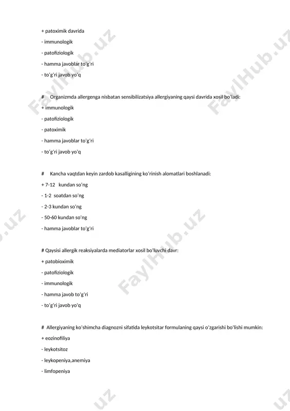 i - antigistamin preparatlarini yuborish # birinchi bosqich tezkor allergik reaksiyasida qanday nomlanadi : + immunologik bosqich - patofiziologik buzilishlar bosqichi - patokimyoviy o‘zgarishlar bosqichi - kompensator bosqich - tolerantlik # qaysi mediatorlar sekin rivojlanuvchi allergiyada ahamiyatga ega: + keltirilgan mediatorlarning hammasi - limfokinlar - gistamin - serotonin - mrs-a (anafilaksiyani sekin reaksiya kiruvchi substansiyasi - a) # qaysi variantda allergiya reaksiyalari patogenezi davrlari mantiqiy tartibda keltirilgan : + immunologik, patoximik, patofiziologik - immunologik, patofiziologik, patoximik - patoximik, patofiziologik, immunologik - patofiziologik,patoximik,immunologik - patoximik, immunologik, patofiziologik # qanday rolni opsoninlar bajaradi: + mikrob bilan fagotsit o‘zaro ta’sirlanishida vositachilik rolini uynaydi - mikrobni fagotsit bilan o‘zaro ta’siriga to‘sqinlik qiladi - antigenlar ishlab chiqarilishiga yordam beruvchi omil - ige ni antagonisti - parasimpatik nerv faoliyatini tormozlaydi # qaysi xujayralar yetishmovchiligi di-djorji sinromi bilan bog‘liq: + t-limfotsitlar - v-limfotsitlar - makrofaglar - t- va v- limfotsitlar birgalikda - mikrofaglar # bruton kasalligi bilan …
