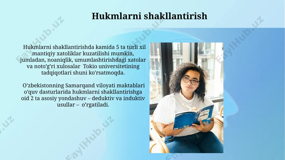 him ahamiyat kasb etadi. masalan, shahar muhitida yashovchi bolalar tezroq rivojlanadi. fikrlashning rivojlanishi 3 bosqichdan iborat bo'lib, 0-7 yoshgacha sezgi-harakat, 7-15 yoshgacha tasavvur va 15 yoshdan keyin esa mantiqiy fikrlash bosqichlari kuzatiladi. bu jarayon genetik omillar va atrof-muhit ta’siriga bog'liq. xulosa tushunchasi хулоса тушунчаси индуктив ва дедуктив хулосаларни ўз ичига олади, 20 тадан ортиқ кузатувлар асосида 5 та муҳим хулосага келиш мумкин. масалан, тошкент шаҳри аҳолисининг демографик кўрсаткичларига таяниб. хулоса тушунчаси, 17-асрдаги европа фалсафасида таҳлил қилинган бўлиб, 10 дан ортиқ турли ёндашувларни ўз ичига олади ва бухоро мадрасаларидаги дискуссияларга ҳам таъсир кўрсатган. tushunchalarning turlari abstrakt tushunchalar (masalan, "adolat", "sevgi") konkret tushunchalarga (masalan, "olma", "uy") qaraganda 7 darajaga murakkabroq ifodalanadi va shuning uchun ham ularni tushunish ko'proq vaqt talab qiladi. tushunchalarni shakllantirishda 3 bosqich mavjud: 1) aniqlash, 2) umumlashtirish, 3) tafsilotlash. masalan, "daraxt" tushunchasini shakllantirishda, avval o'zbekistonning turli hududlaridagi 5 xil daraxtni taqqoslash mumkin. tushuncha tushunchasi "tushuncha tushunchasi" ta'rifi, 3 asosiy …