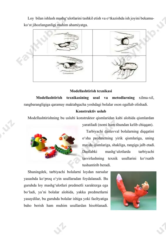 va dumaloqlab, boshini, qarama-qarshi tomonini ko‘proq cho‘zib chiqarib, yapaloqlab, uning dumini yasaydilar, suzgichlarini chimdib chiqaradilar. shuningdek bolalar loy bo‘lagini bir necha bo‘lakka bo‘lishga o‘rganadilar masalan, qushni yasashda yuqoridagilardan tashqari idishlar yasashga o‘rganadilar. ular idishlarni yakka usulda: ya’ni yumaloqsimon va silidrsimon shakllarni barmoq bilan bosib chuqurcha hosil qilish, bandini esa alohida loy bo‘lagidan yoki asosiy loy bo‘lagidan cho‘zib chiqarib yasash mumkin. bolalar olgan bilim va malakalarni o‘stirib mustahkamlaydilar. bolalar tarbiyachi bilan birga tipratikan, sichqon, meva solingan idishcha, qo‘ziqorin solingan savatcha kabilarni ham loydan yasashga o‘rgatib boradi. bolalar boshlagan ishlarini oxiriga yetkazishga mustaqil ishlashga, o‘z ishlarini yangi qismlar bilan boyitib borishga o‘rganadilar. kombinatsiyalashgan uslub bu uslub ikkita uslubni o‘z ichiga oladi: konstruksiyalash va haykaltaroshlik uslublaridir. bola hayotining 6-chi yilida uning tevarakatrof haqidagi bilimlari, turmush tajribasi kengaya boradi. uning qo‘l muskullari mustahkamlanib taraqqiy etadi. u ko‘l barmoqlari bilan nozik harakatlarni bajara oladigan bo‘ladi. uning psixikasida ham sifat o‘zgarishi yuz beradi. xotirasi o‘sadi, barqaror …