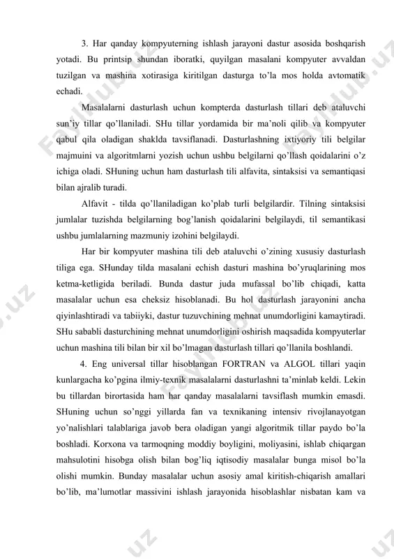 ntensiv rivojlanayotgan yo’nalishlari talablariga javob bera oladigan yangi algoritmik tillar paydo bo’la boshladi. korxona va tarmoqning moddiy boyligini, moliyasini, ishlab chiqargan mahsulotini hisobga olish bilan bog’liq iqtisodiy masalalar bunga misol bo’la olishi mumkin. bunday masalalar uchun asosiy amal kiritish-chiqarish amallari bo’lib, ma’lumotlar massivini ishlash jarayonida hisoblashlar nisbatan kam va sodda bo’ladi. mazkur masalalarni dasturlash uchun yangi algoritmik tillar ishlab chiqildi. hozirgi kungacha mingdan ortiq dasturlash tillari yaratildi. ular qatoriga quyidagilarni kiritish mumkin: algol-60, fortran, kobol, rl/1, algol-68, lisp, simula-67, epsilon, beysik, prolog, yasd, ada, ipl, paskal, rapira, turbo-beysik, turbo-paskal va boshqalar. hozirgi paytda dasturlash tillarining soni juda ko’payib ketmoqda. lekin, shuni aytish kerakki har qanday dasturlash tili o’zining qo’llanilish sohasiga ega. oxirgi paytda bir qancha tillarning umumlashtiruvchi dasturlar tizimi ishlab chiqildi. hozirgi paytda u yoki bu belgisi bo’yicha turkumlash mumkin bo’lgan bir necha ming dasturlash tili mavjud. dasturlash tilining kompyuterga bog’liqlik darajasi bo’yicha turkumlash eng umumiy hisoblanadi. ushbu belgisiga ko’ra …