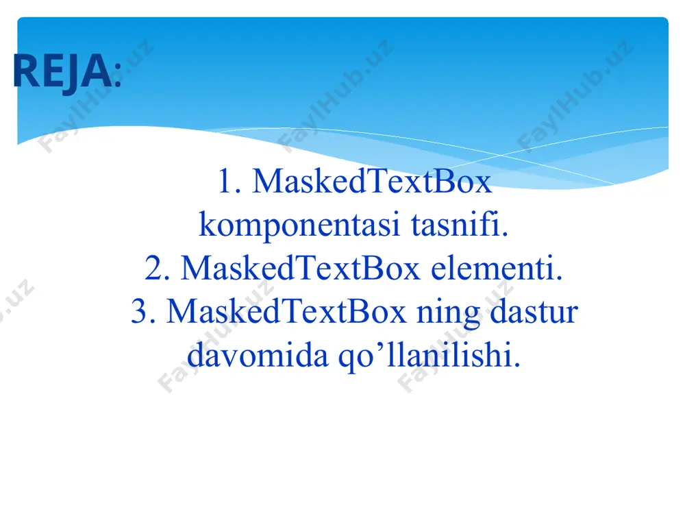 sidagi (passwordchar) katagiga [*] belgisini qo’yamiz va quyidagiga erishamiz: dasturimizga savefiledialog va openfiledialog yordamchi komponentalarini kiritamiz. openfiledialog yordamchi komponentasining filter xususuyati yordamida bizga kerakli matn formatini kiritamiz. savefiledialog yordamchi komponentasining filter xususuyati yordamida bizga kerakli matn formatini kiritamiz. quyida maskedtextbox kamponentasi yordamida o’zimizga qulay bo’lgan chegaralarni yaratib olamiz: ikkinchi oynamiz yordamida qabul qilingan maxsulot haqidagi ma’lumotlarni maskedtextbox kamponentasida belgilab olgan chegaralarimiz yordamida osongina yozib olishimiz va kompyuter xotirasiga fayl yaratib ularni saqlashimiz mumkin. add text tugmasi yordamida : clean text tugmasini bosganimizdan kegingi holat: form1 using system; using system.collections.generic; using system.componentmodel; using system.data; using system.drawing; using system.linq; using system.text; using system.threading.tasks; using system.windows.forms; namespace masked { public partial class form1 : form { public form1() { initializecomponent(); } private void button1_click(object sender, eventargs e) { if(maskedtextbox1.text=="") { messagebox.show("iltimos parolni kiriting!"); } else if (maskedtextbox1.text == "20001107") { form2 a = new form2(); a.show();} else { messagebox.show("parol xato!"); } } } …